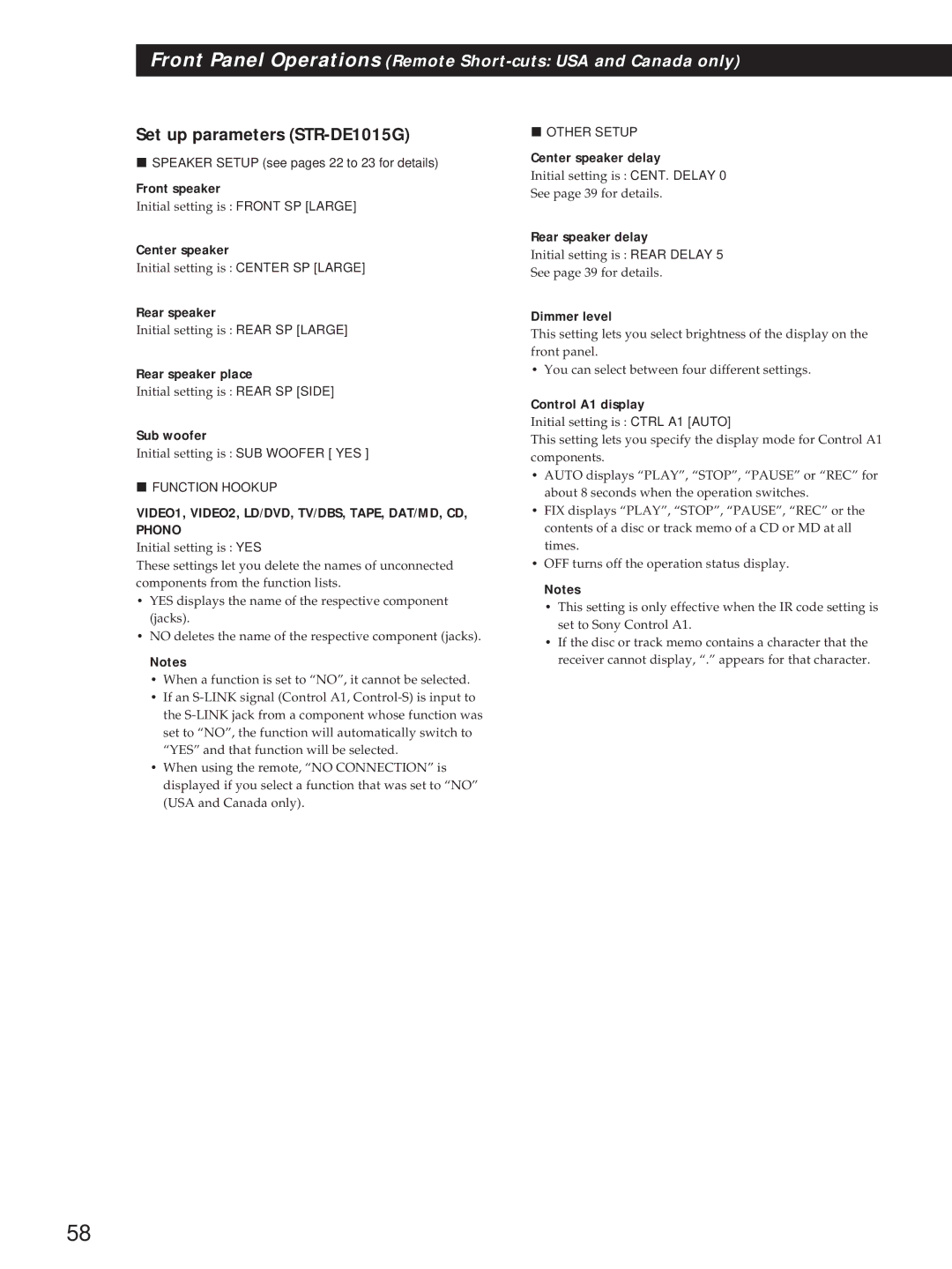 Sony STR-DE1015G, STR-DE815G, STR-D760Z operating instructions Set up parameters STR-DE1015G 