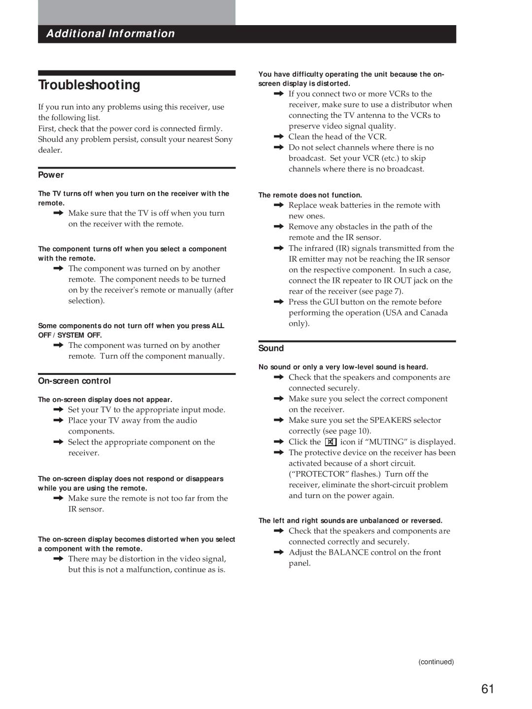 Sony STR-DE1015G, STR-DE815G, STR-D760Z operating instructions Troubleshooting 