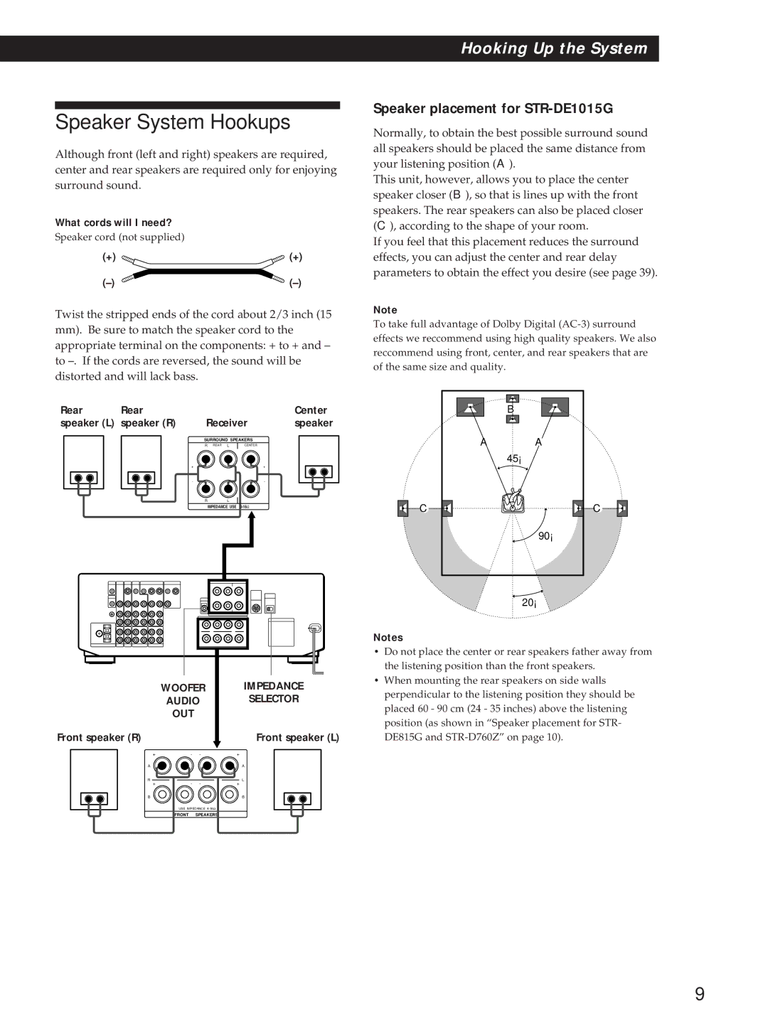 Sony STR-DE1015G, STR-DE815G, STR-D760Z Speaker System Hookups, Speaker placement for STR-DE1015G 