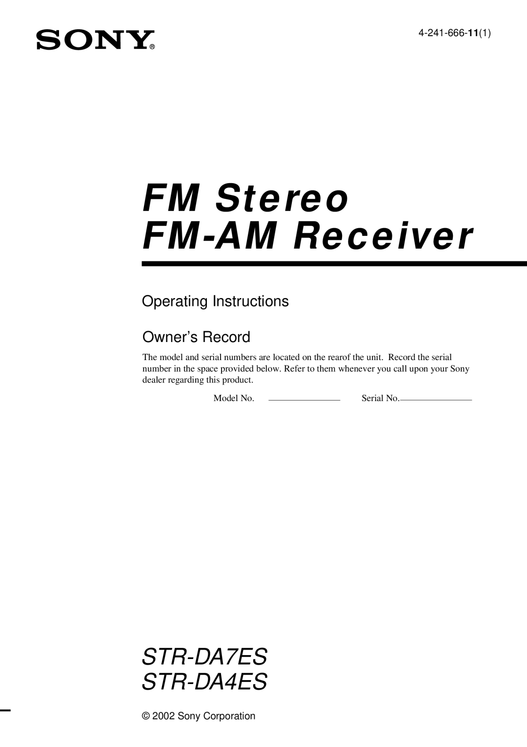 Sony STR-DA4ES operating instructions FM Stereo FM-AM Receiver 