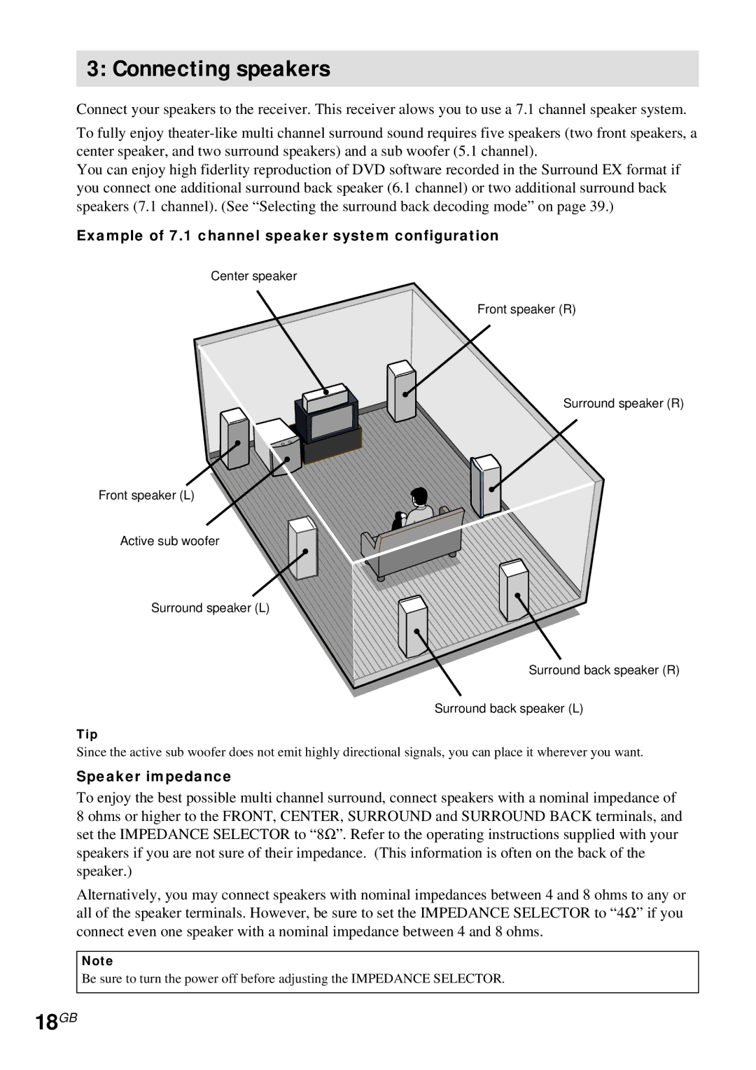 Sony STR-DA4ES Connecting speakers, 18GB, Example of 7.1 channel speaker system configuration, Speaker impedance 