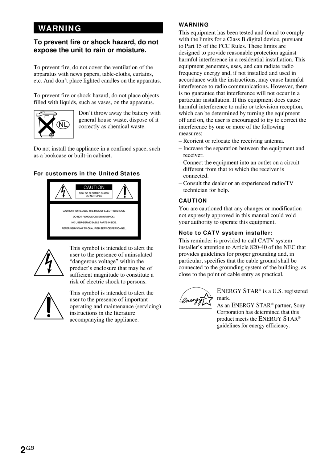 Sony STR-DA4ES operating instructions For customers in the United States 