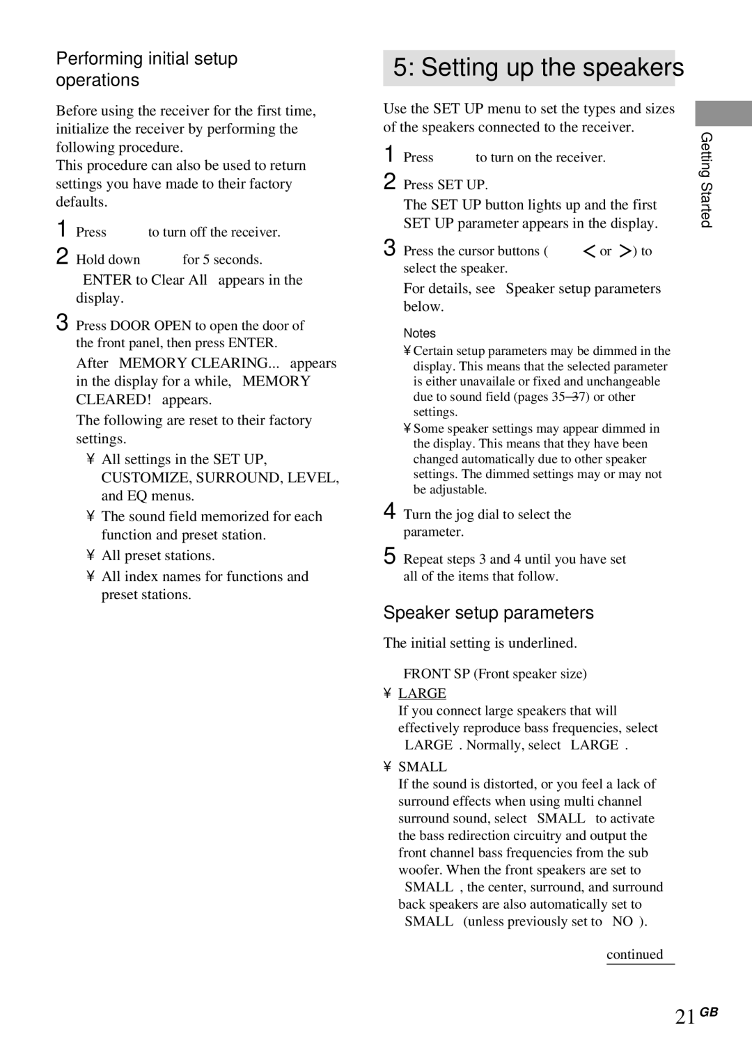 Sony STR-DA4ES operating instructions 21GB, Performing initial setup operations, Speaker setup parameters 