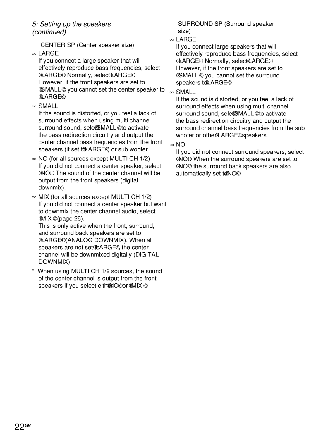 Sony STR-DA4ES operating instructions 22GB, Center SP Center speaker size, Surround SP Surround speaker size 