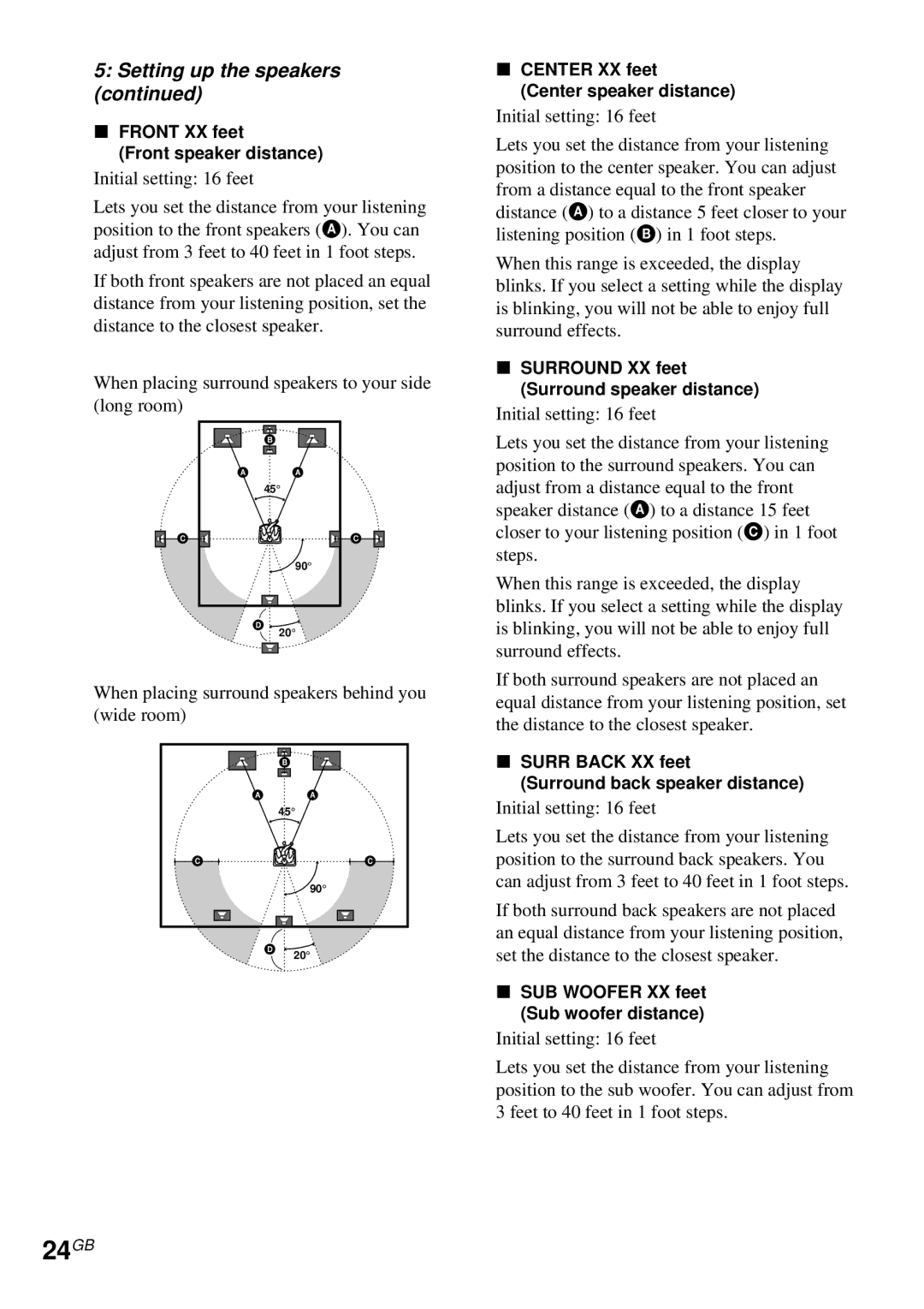 Sony STR-DA4ES 24GB, Front XX feet Front speaker distance, Initial setting 16 feet, Center XX feet Center speaker distance 
