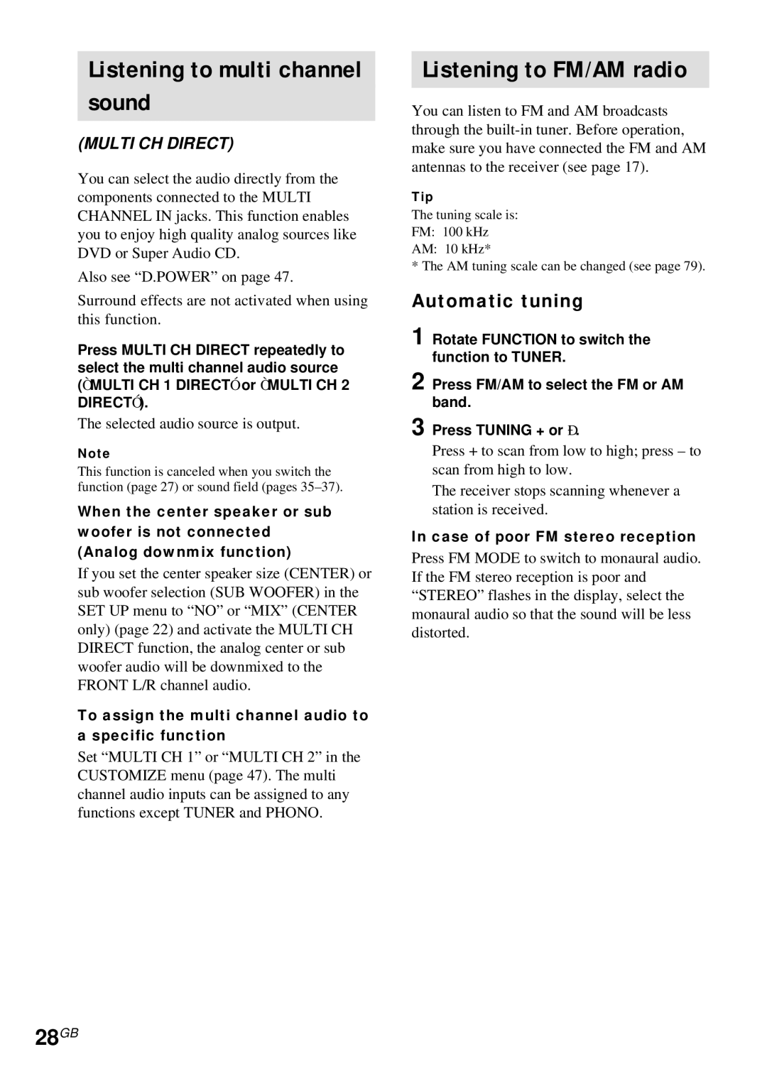 Sony STR-DA4ES operating instructions Sound, Listening to FM/AM radio, 28GB, Automatic tuning 