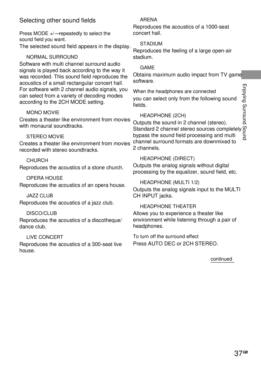 Sony STR-DA4ES operating instructions 37GB, Selecting other sound fields 