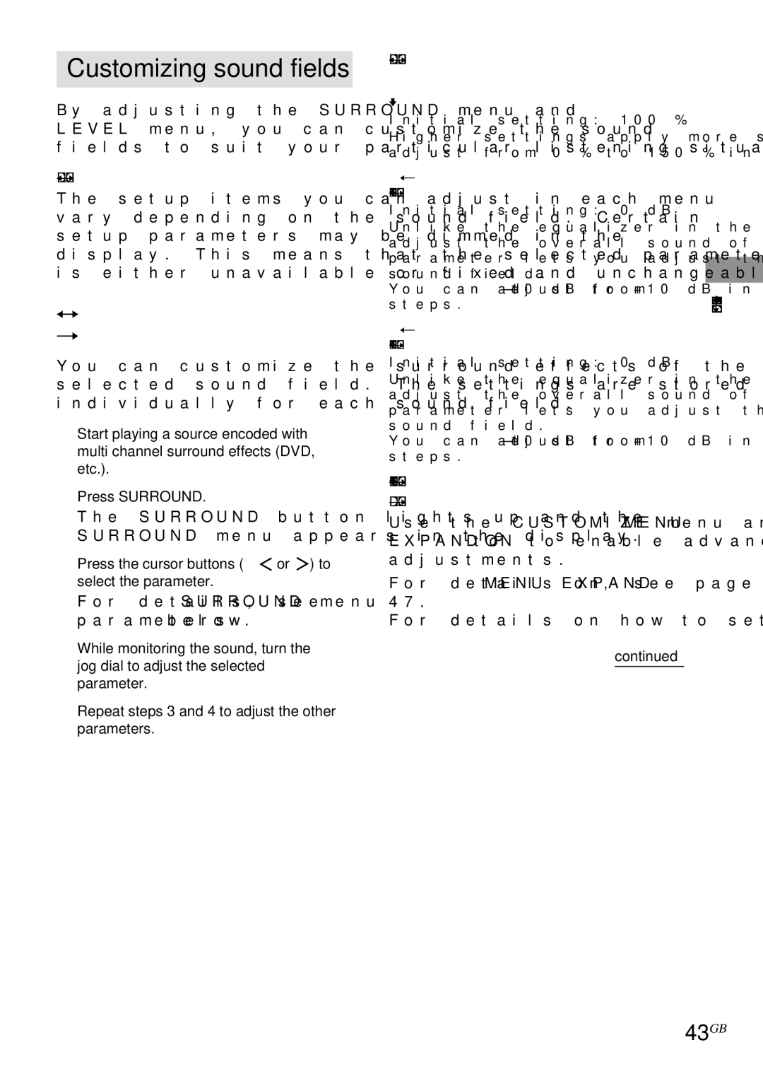 Sony STR-DA4ES Customizing sound fields, 43GB, Adjusting the Surround menu, For advanced Surround menu adjustments 