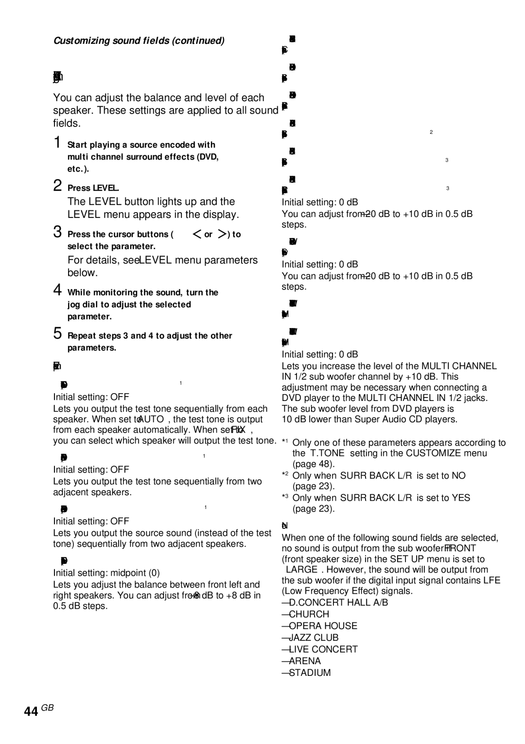 Sony STR-DA4ES operating instructions 44GB, Adjusting the Level menu, For details, see Level menu parameters below 