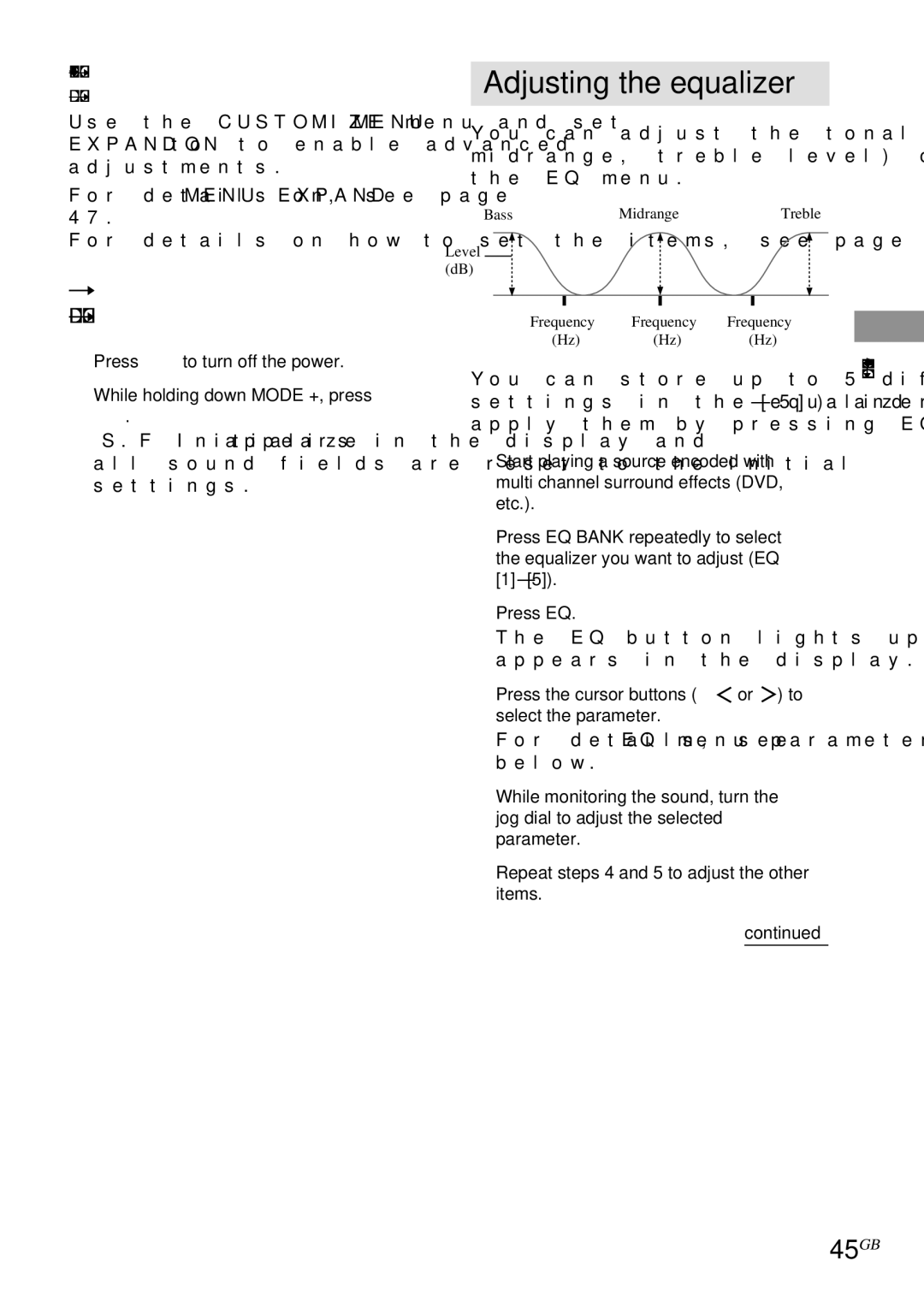 Sony STR-DA4ES operating instructions Adjusting the equalizer, 45GB, Resetting sound fields to the initial settings 