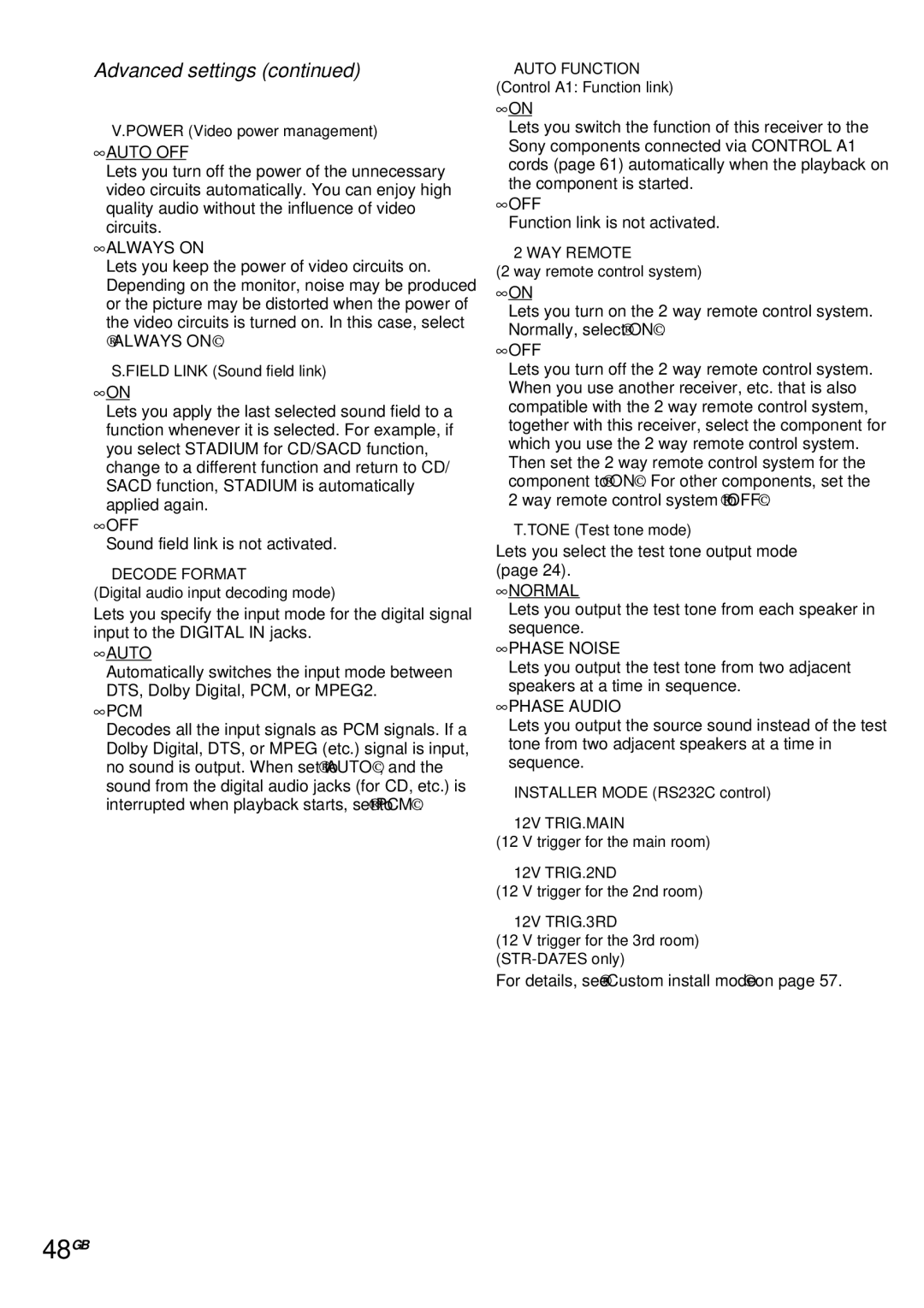 Sony STR-DA4ES operating instructions 48GB, Pcm, Normal, Phase Noise, Phase Audio 