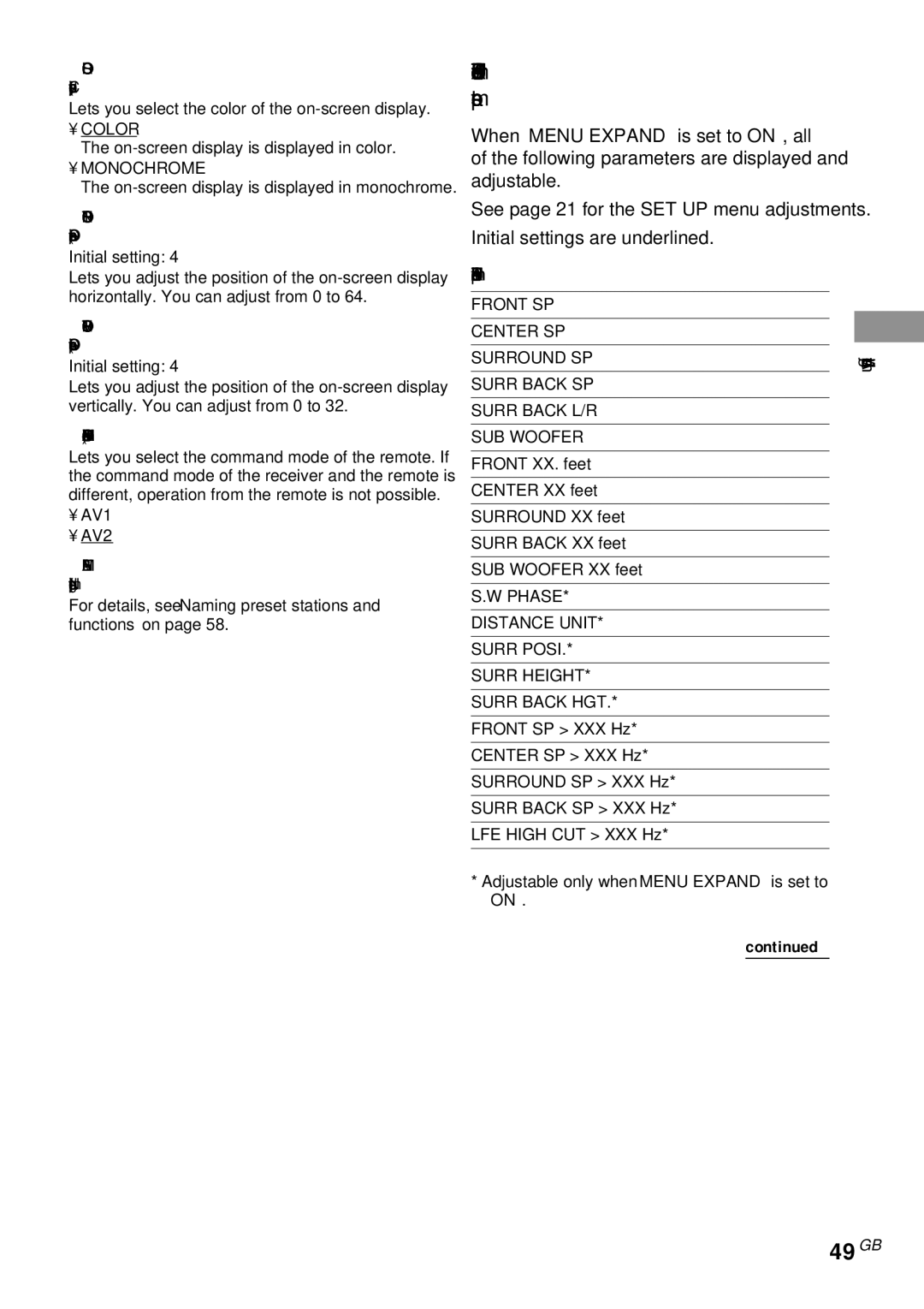 Sony STR-DA4ES operating instructions 49GB, Advanced SET UP menu parameters, All SET UP menu parameters 