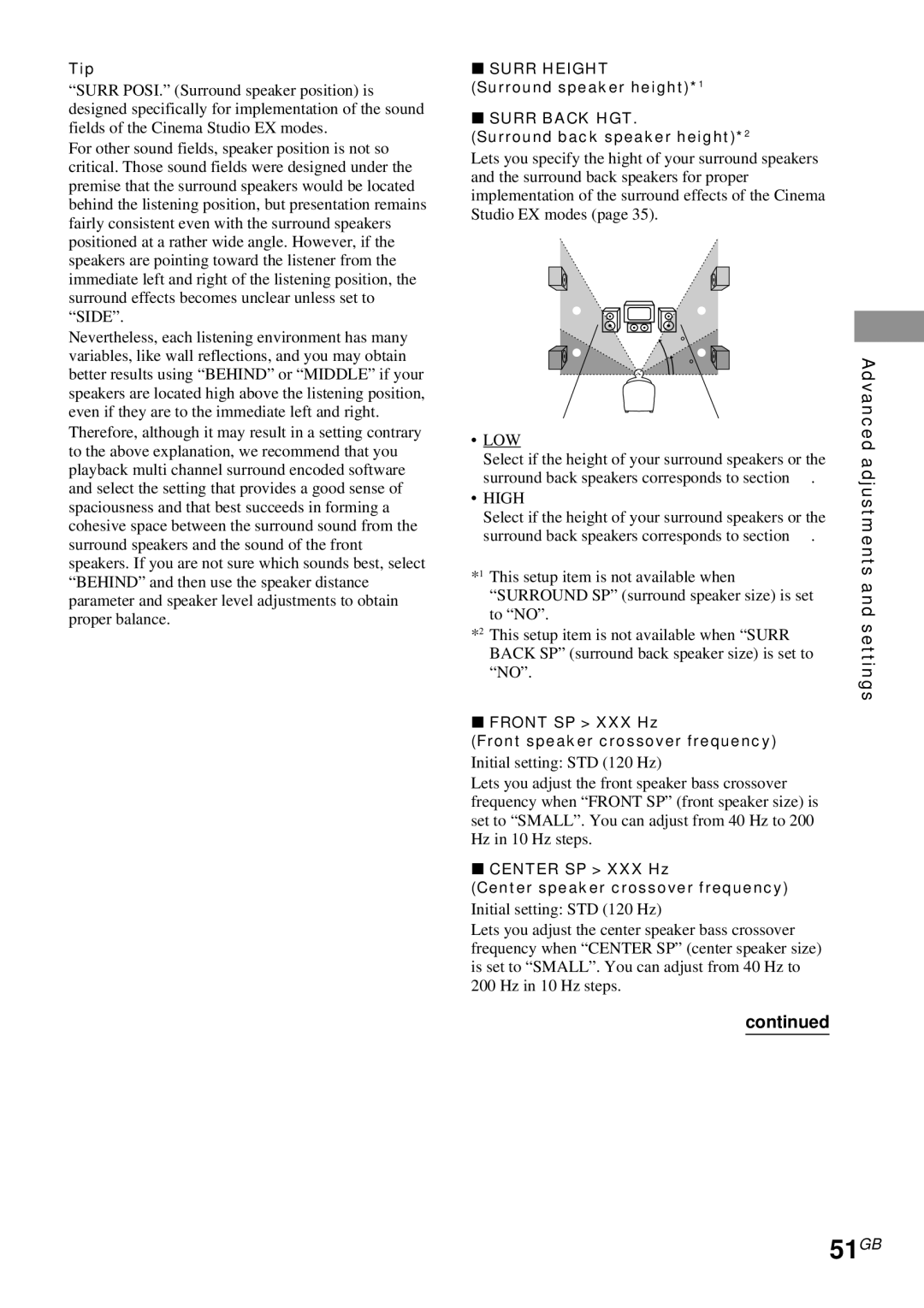 Sony STR-DA4ES operating instructions 51GB, Settings, Low, High 