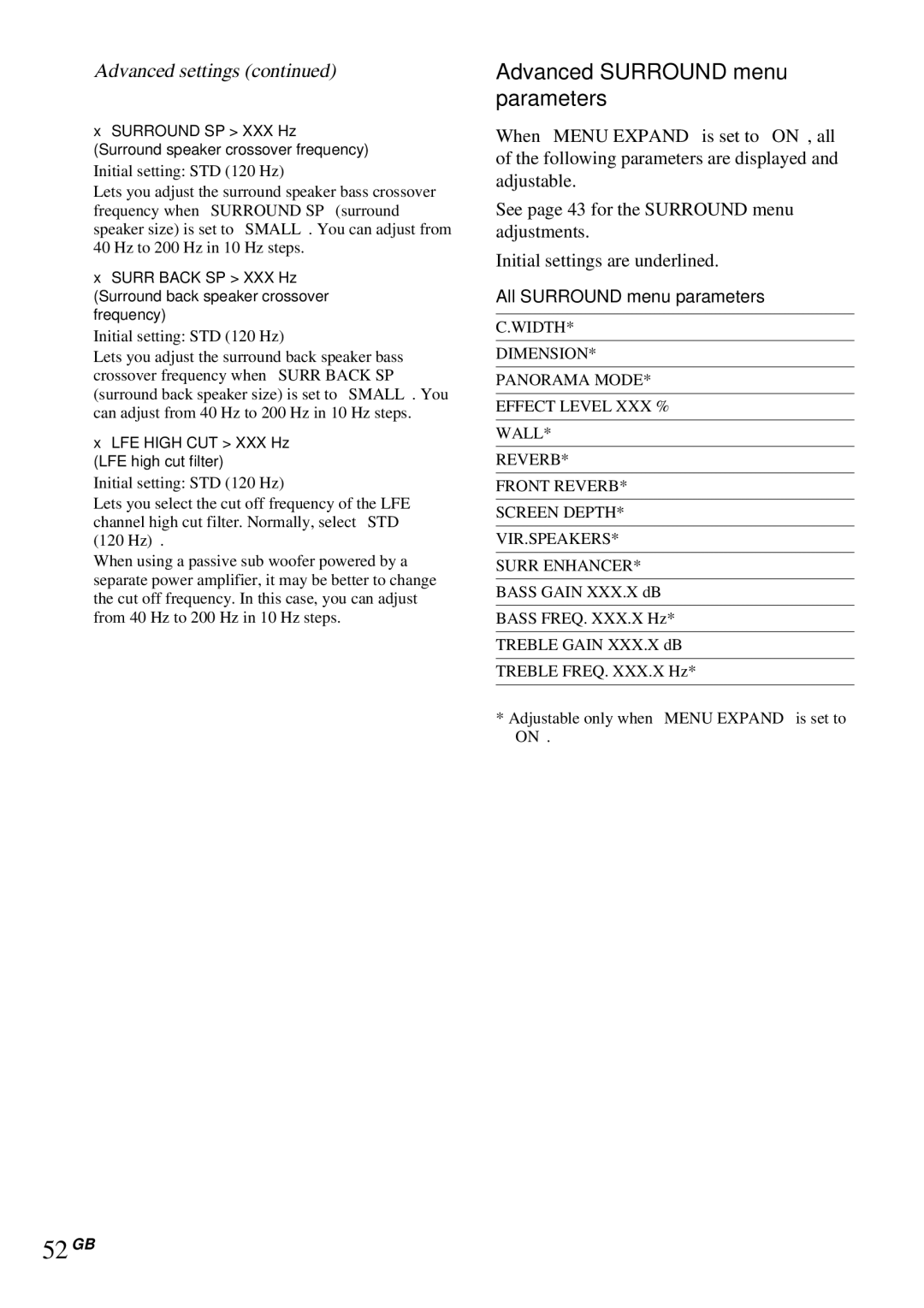 Sony STR-DA4ES operating instructions 52GB, Advanced Surround menu parameters, All Surround menu parameters 