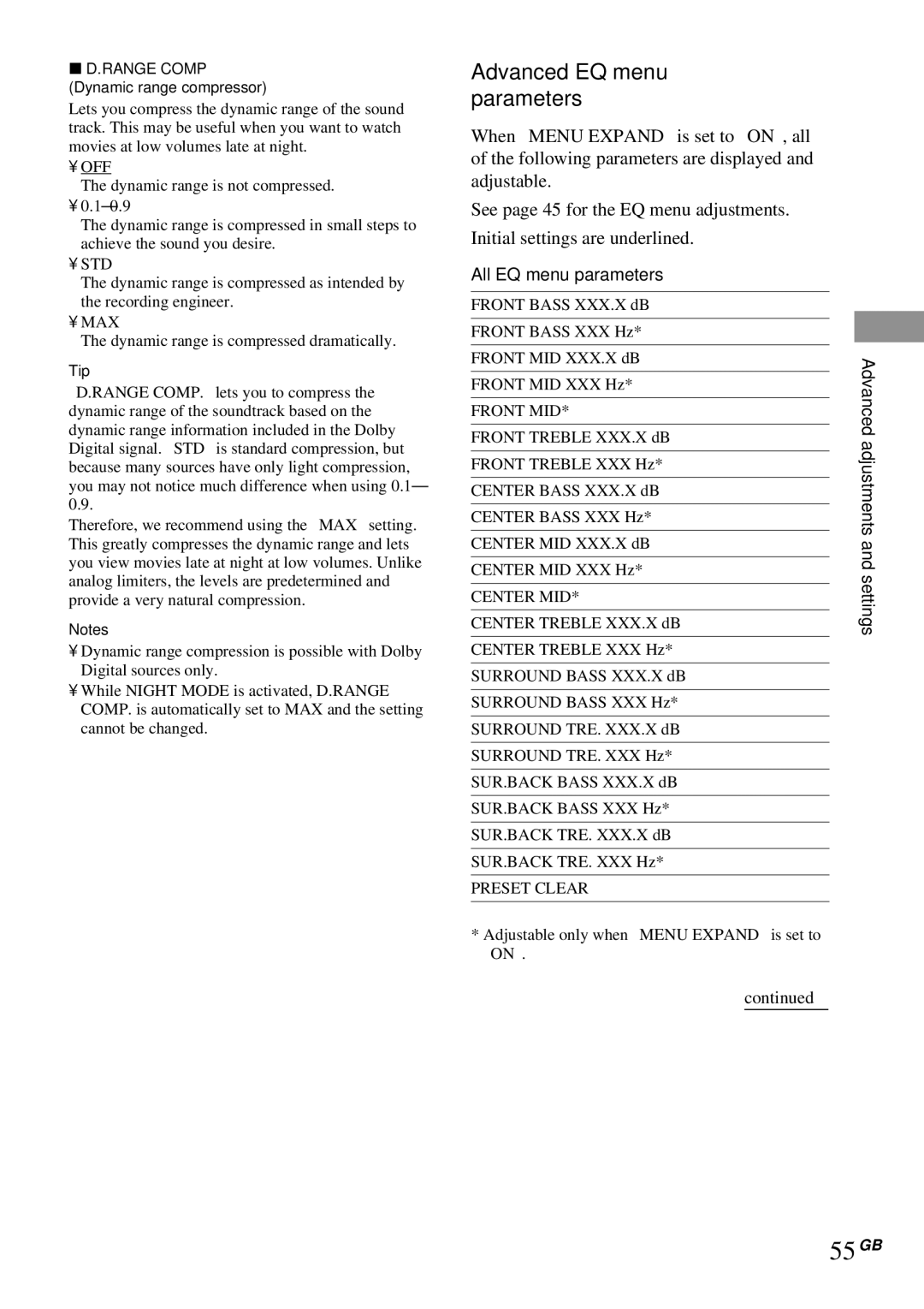 Sony STR-DA4ES operating instructions 55GB, Advanced EQ menu parameters, All EQ menu parameters 