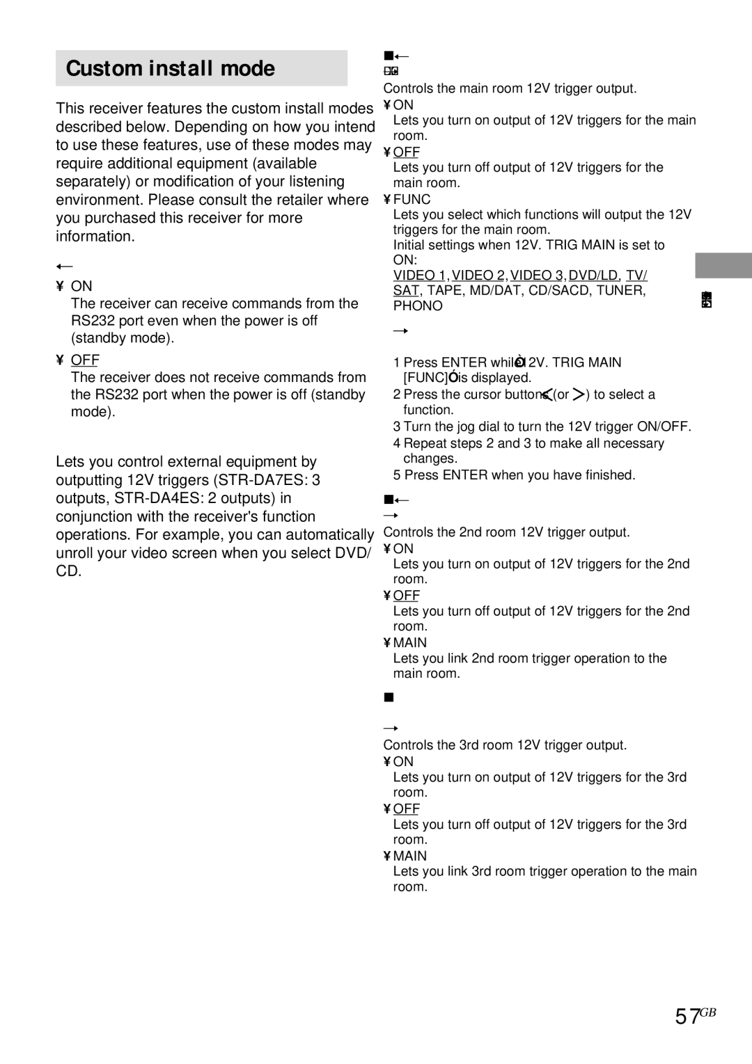 Sony STR-DA4ES operating instructions Custom install mode, 57GB, Installer mode, 12V Trig mode 