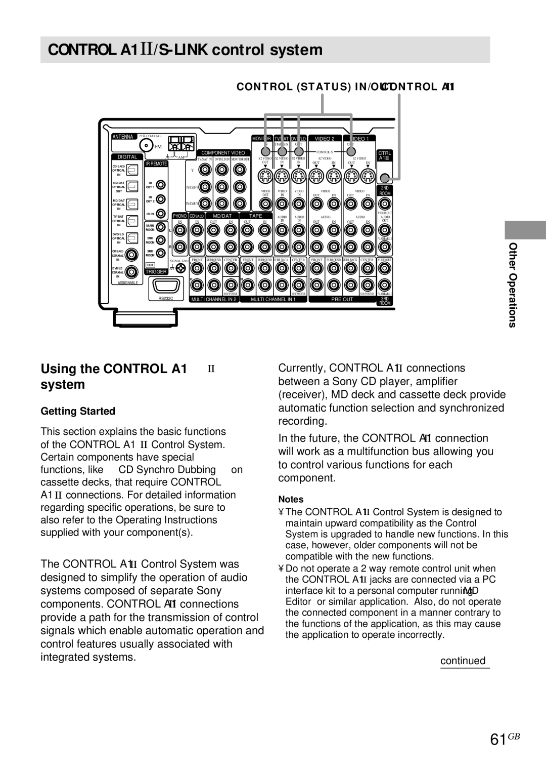 Sony STR-DA4ES operating instructions Control A1 /S-LINK control system, 61GB, Using the Control A1 system 