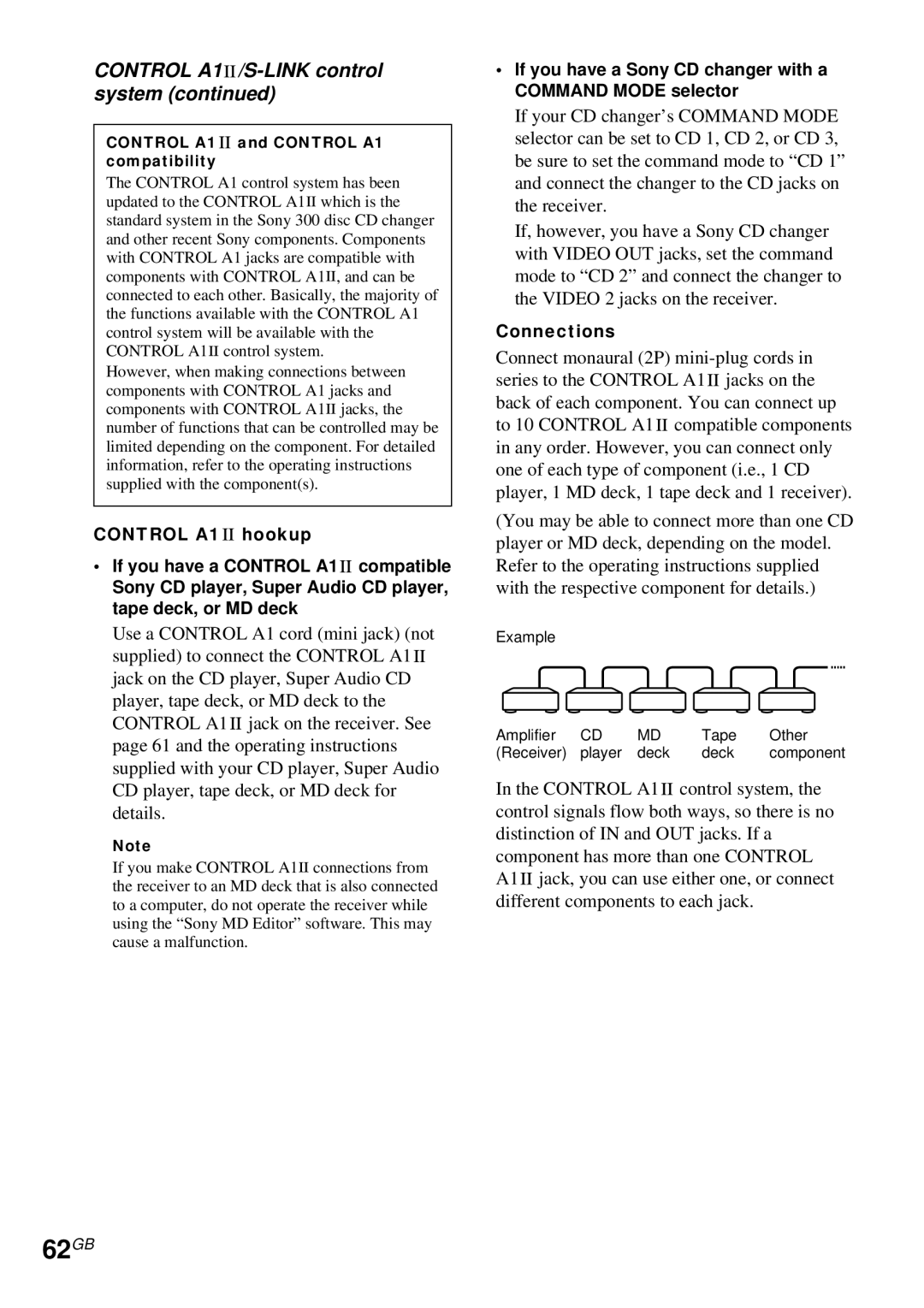 Sony STR-DA4ES 62GB, Control A1 hookup, If you have a Sony CD changer with a Command Mode selector, Connections 