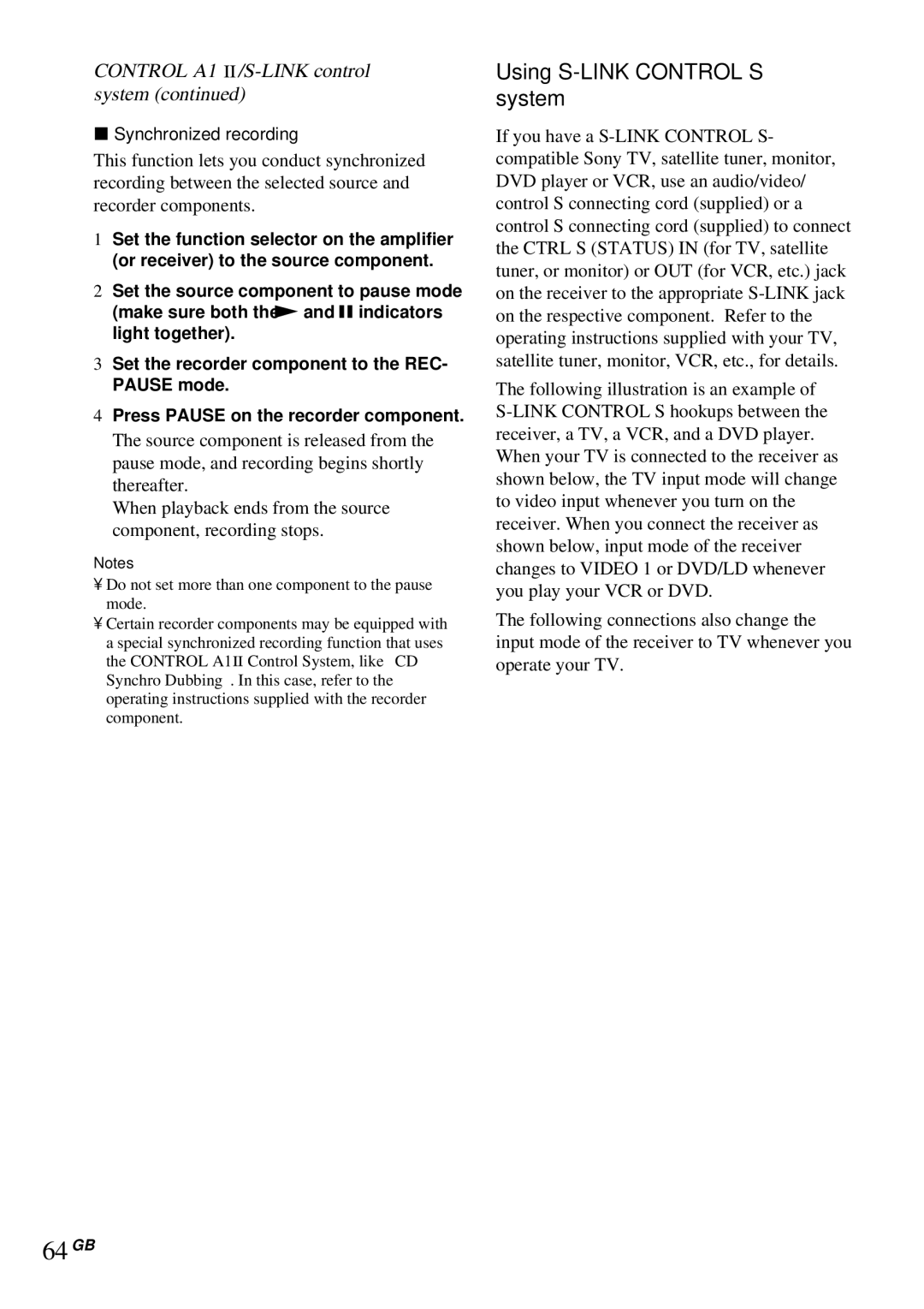 Sony STR-DA4ES operating instructions 64GB, Using S-LINK Control S system, Synchronized recording 