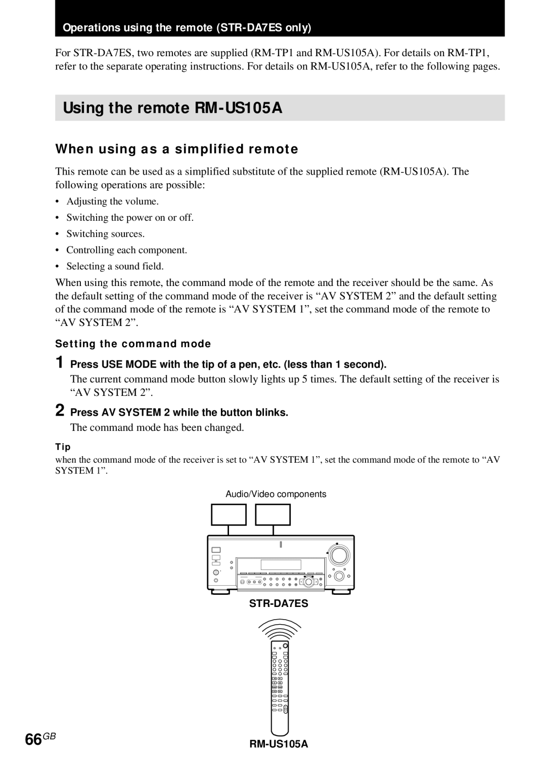 Sony STR-DA4ES Using the remote RM-US105A, When using as a simplified remote, Press AV System 2 while the button blinks 