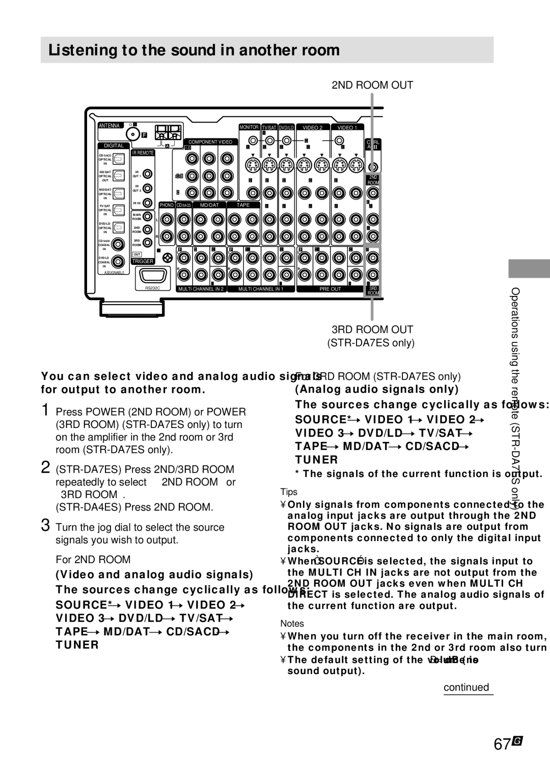 Sony STR-DA4ES operating instructions Listening to the sound in another room, 67GB, 2ND Room OUT, 3RD Room OUT 