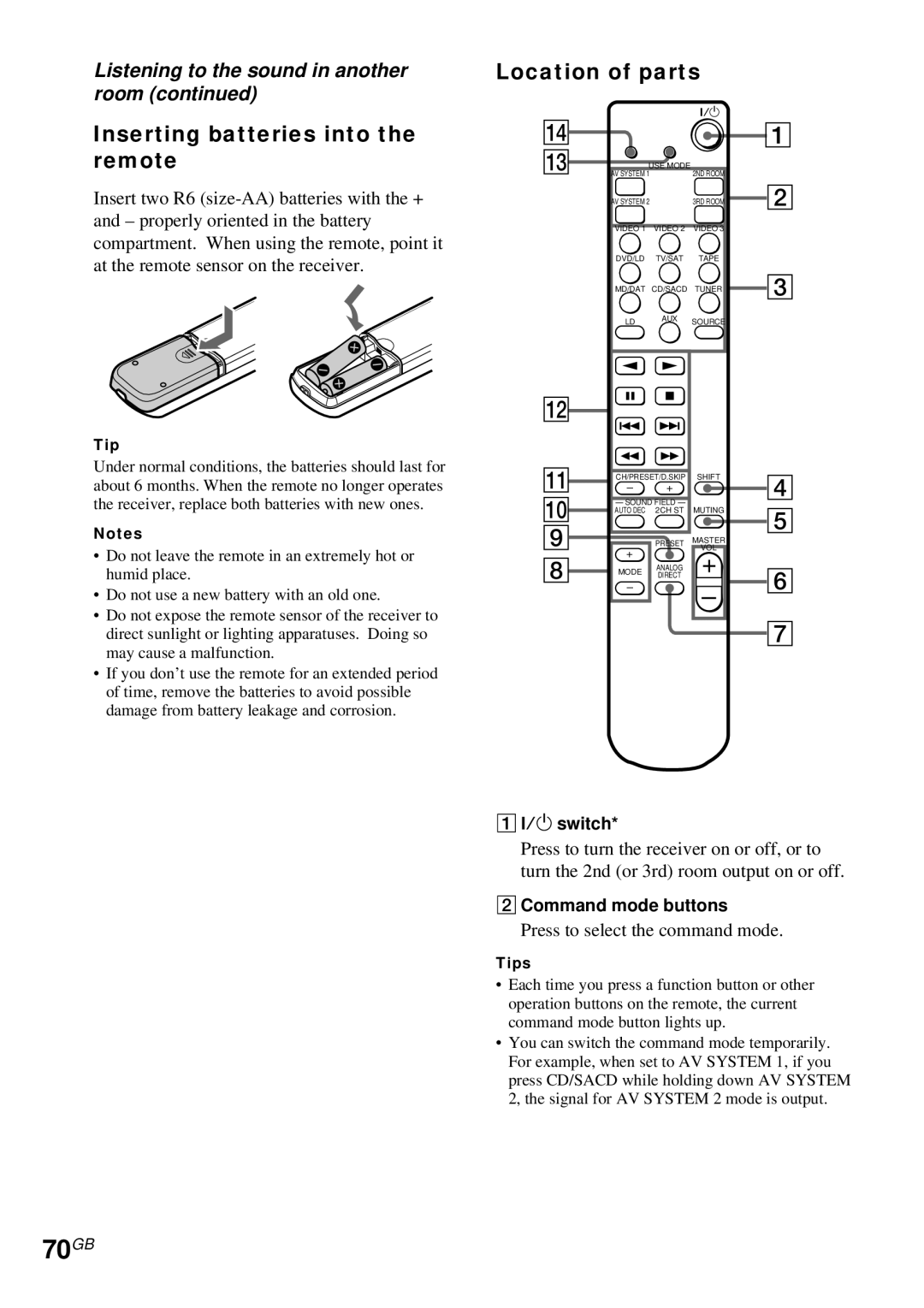 Sony STR-DA4ES 70GB, Inserting batteries into the remote, Location of parts, ?/1 switch, Command mode buttons 