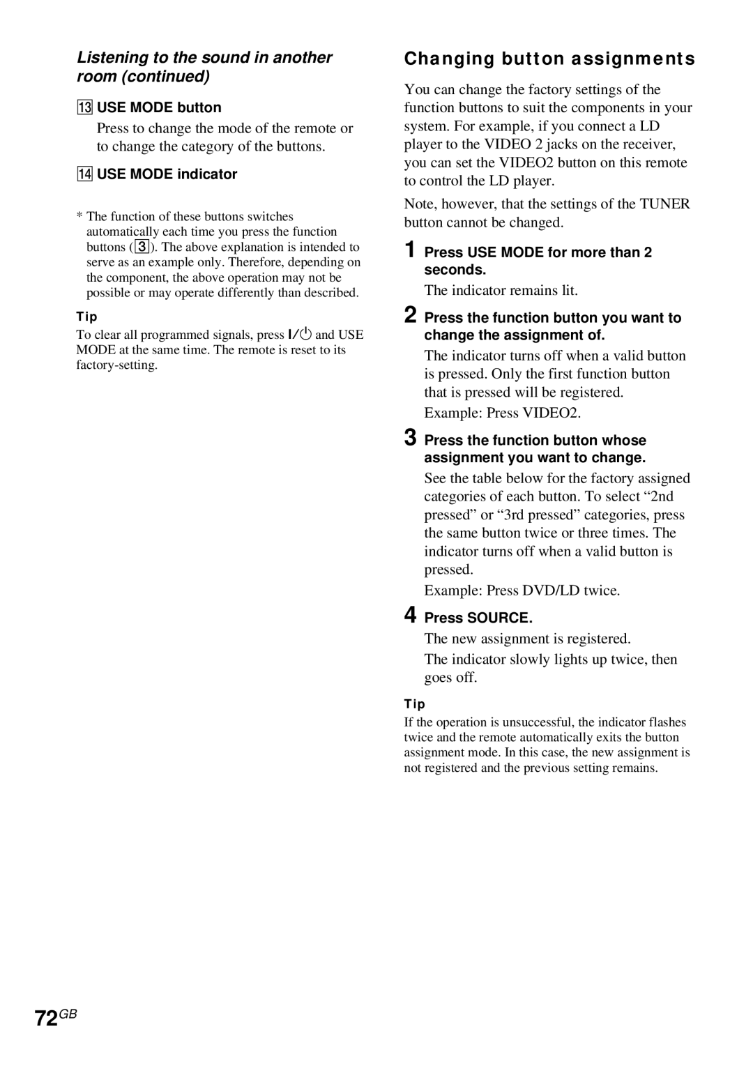 Sony STR-DA4ES operating instructions 72GB, Changing button assignments 