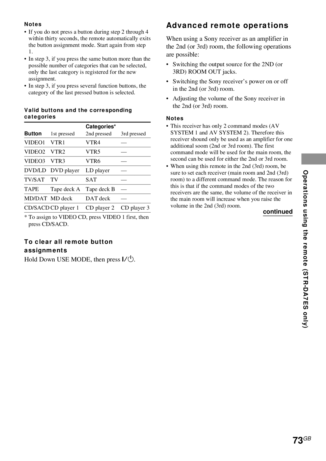 Sony STR-DA4ES operating instructions 73GB, Advanced remote operations, To clear all remote button assignments 