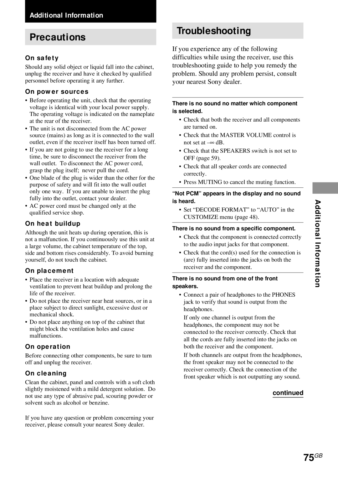 Sony STR-DA4ES operating instructions Precautions, Troubleshooting, 75GB 