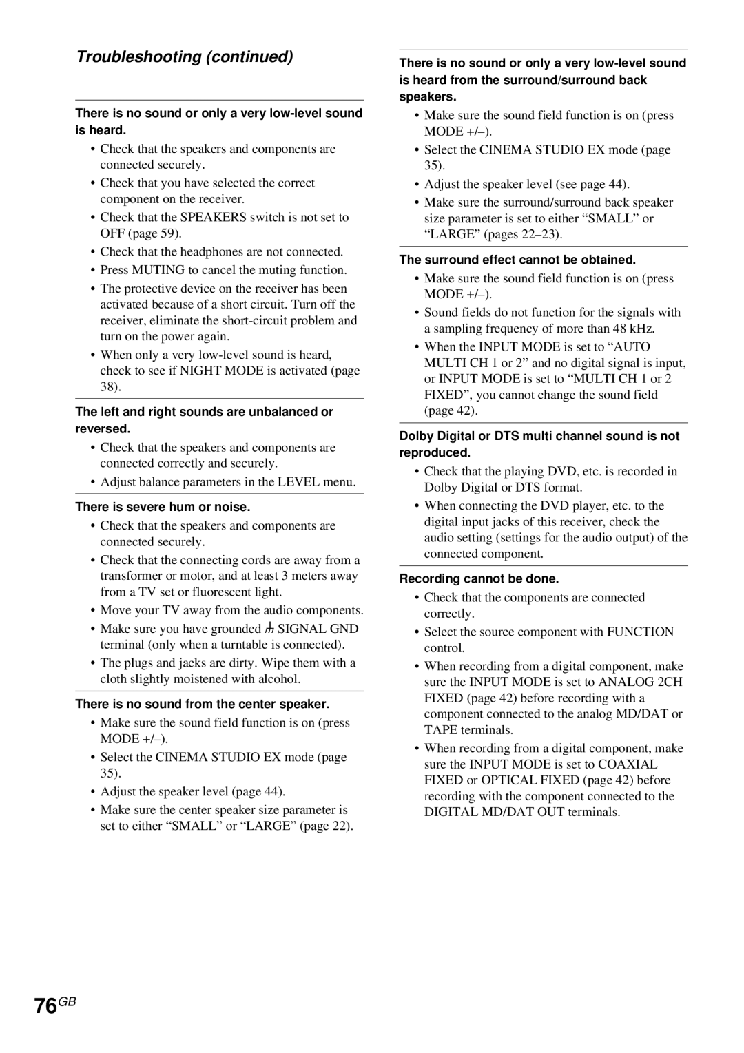 Sony STR-DA4ES operating instructions 76GB, Troubleshooting 