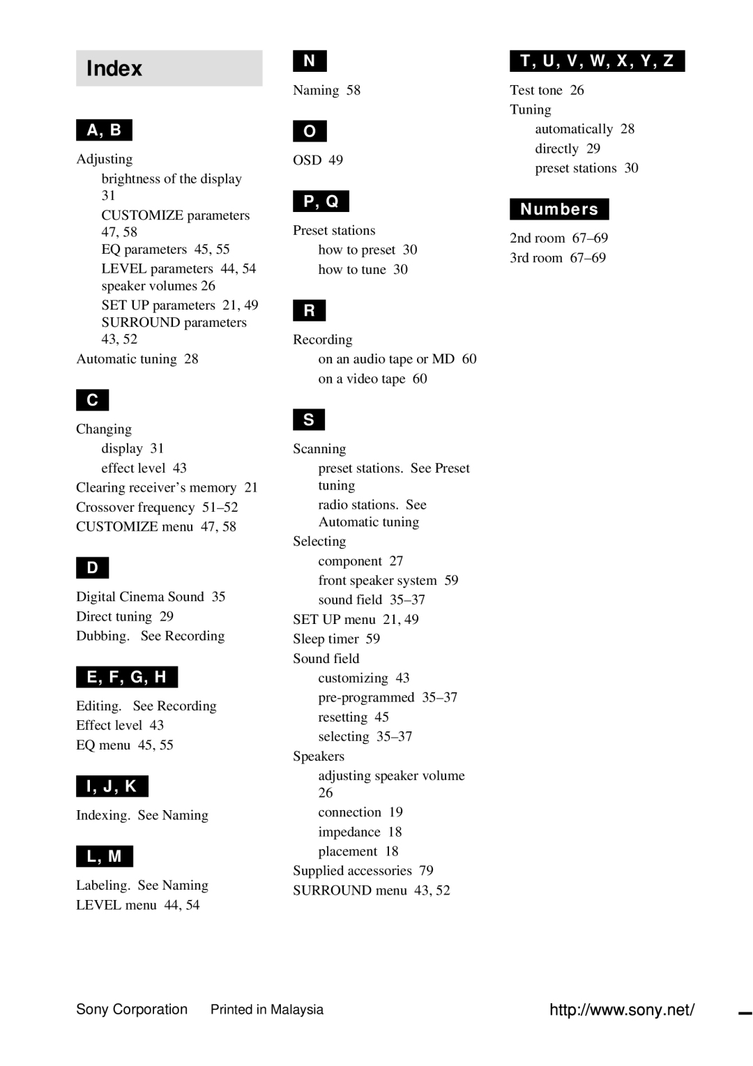 Sony STR-DA4ES operating instructions Index, 2nd room 67-69 3rd room 