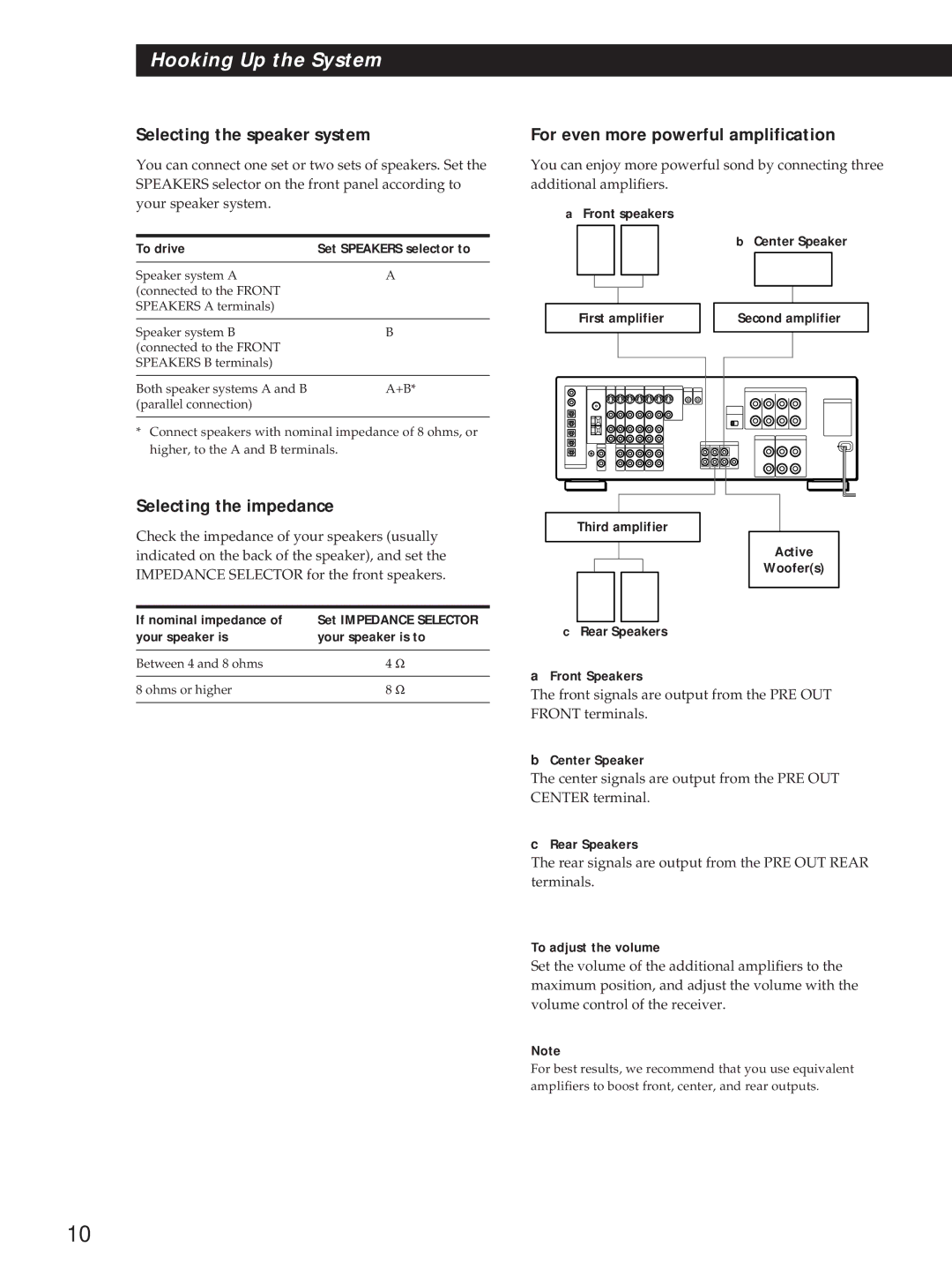 Sony STR-DA90ESG manual Selecting the speaker system, Selecting the impedance, For even more powerful amplification 