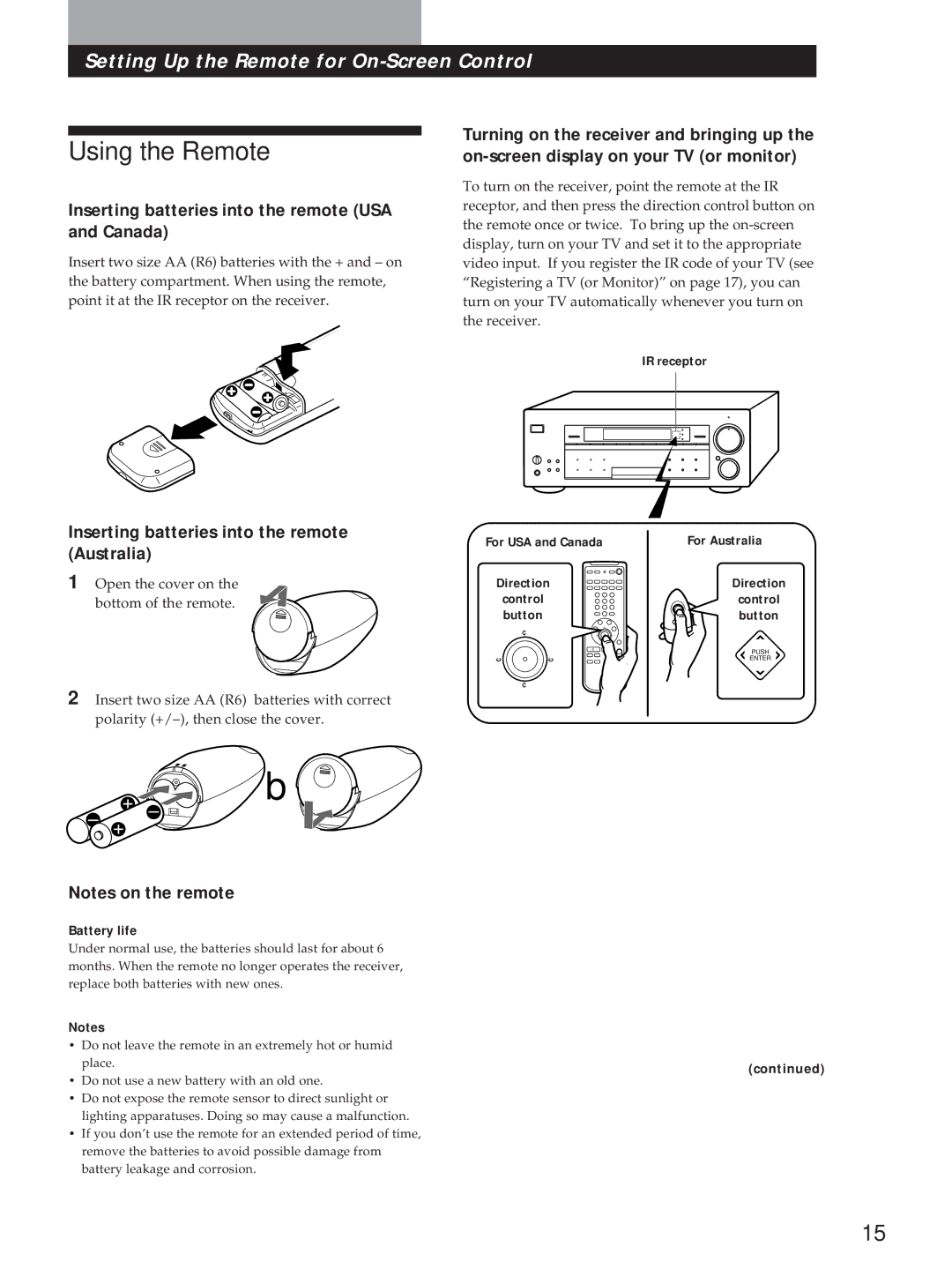 Sony STR-DA90ESG manual Using the Remote, Inserting batteries into the remote USA and Canada, Battery life 