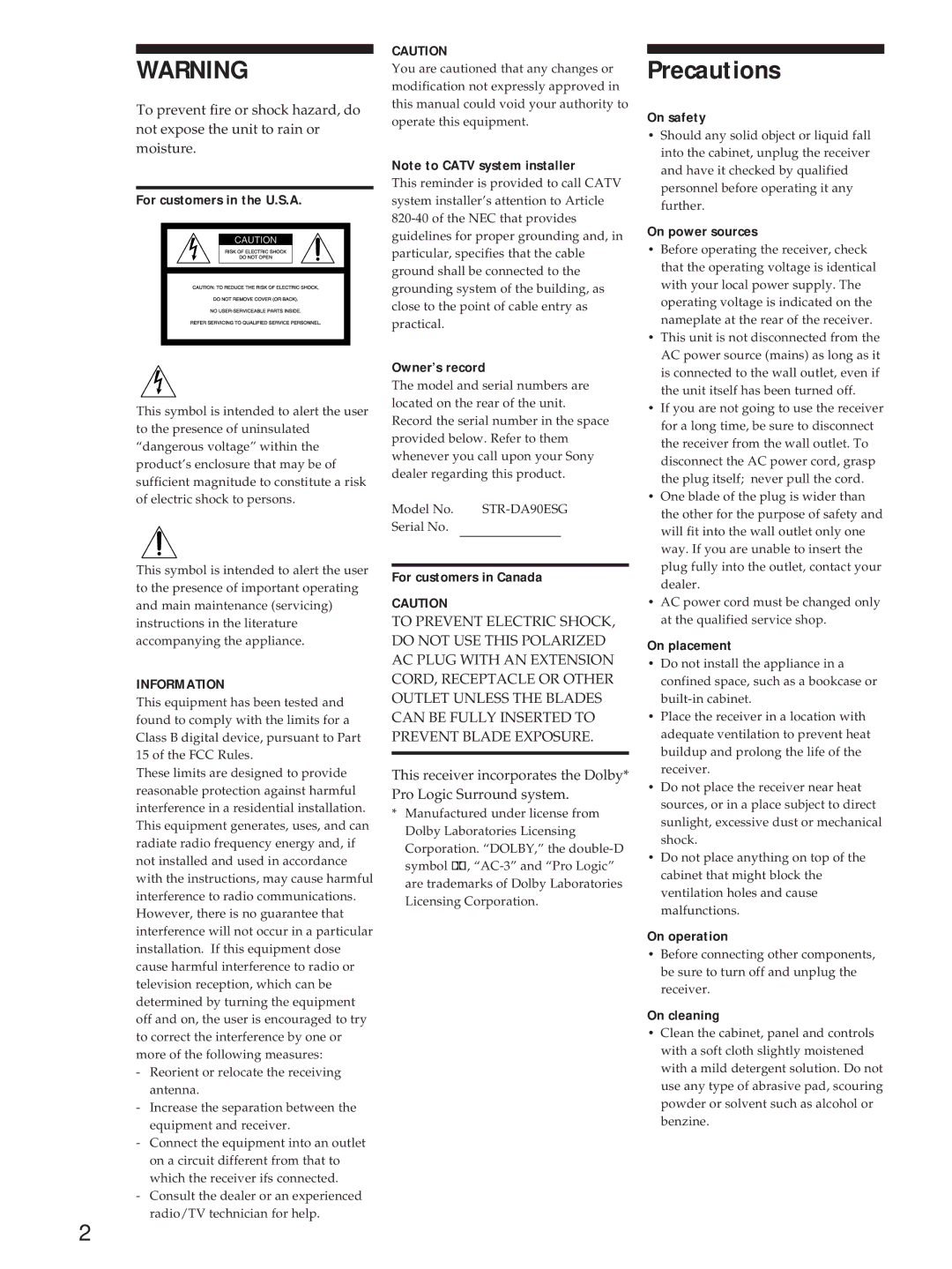 Sony STR-DA90ESG manual Precautions 