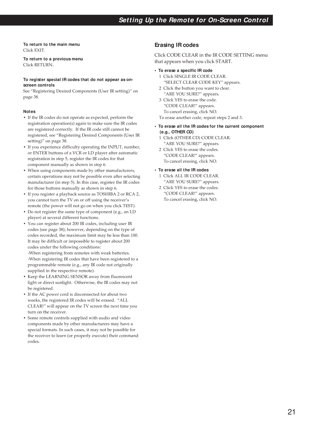 Sony STR-DA90ESG manual Erasing IR codes, To erase all the IR codes 