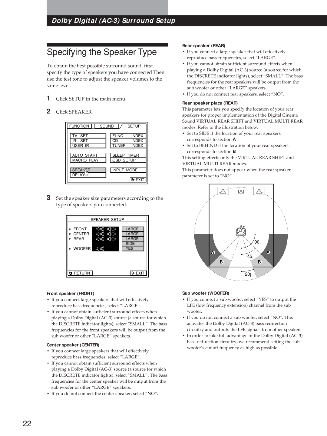 Sony STR-DA90ESG manual Specifying the Speaker Type 