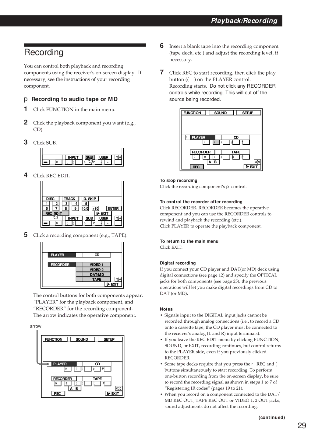 Sony STR-DA90ESG manual Recording to audio tape or MD, To stop recording, To control the recorder after recording 