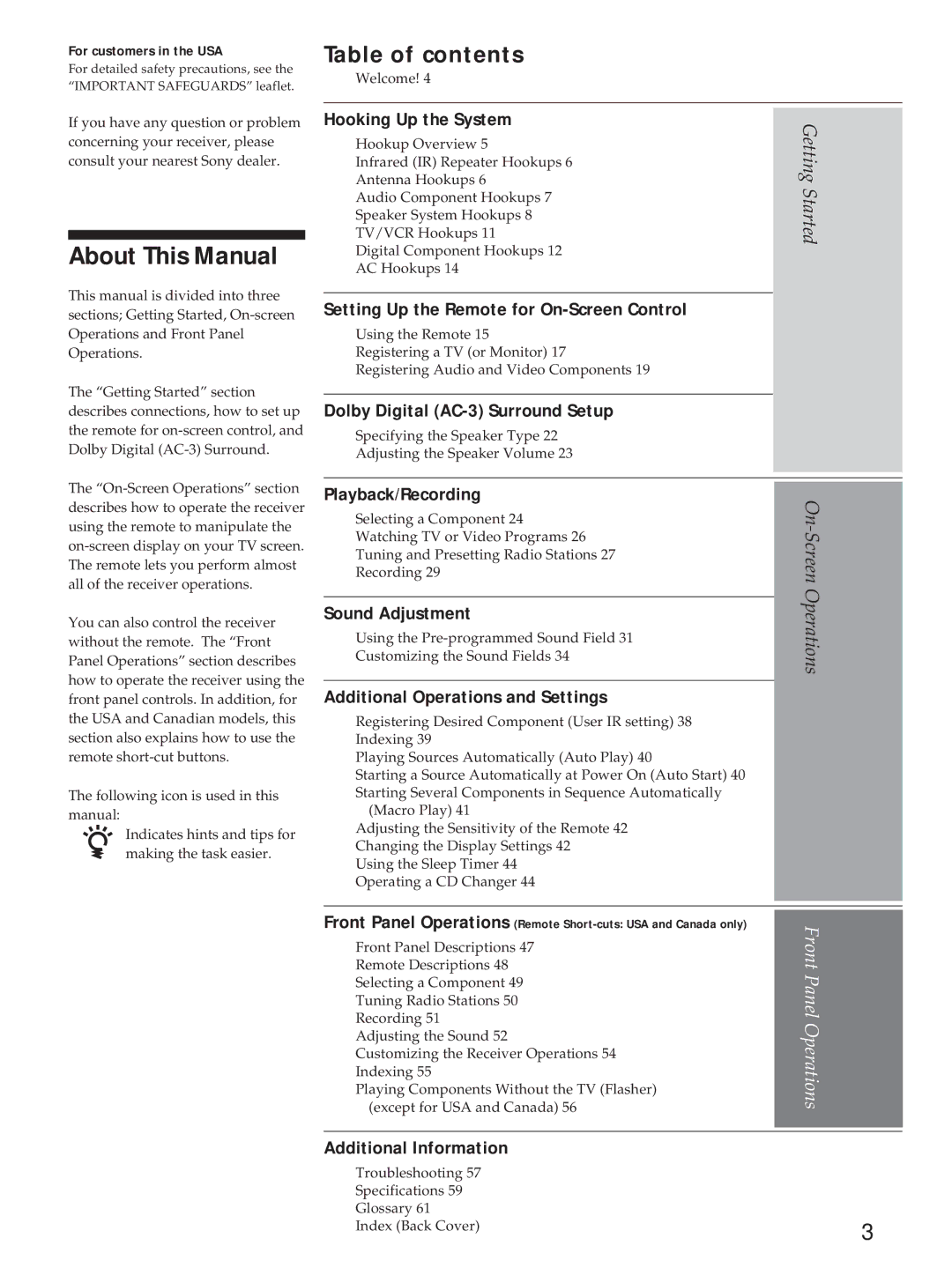 Sony STR-DA90ESG manual About This Manual, Table of contents 