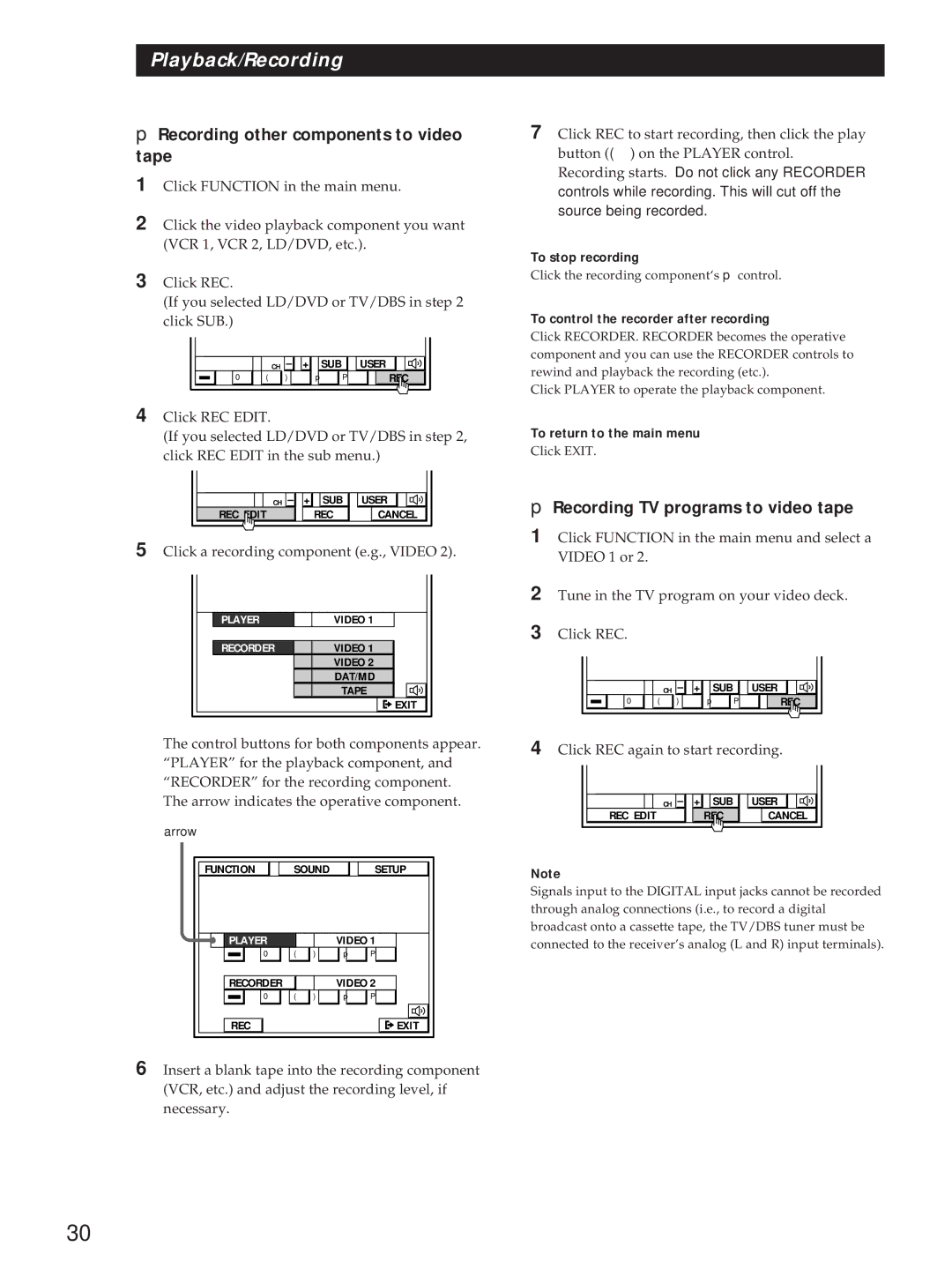 Sony STR-DA90ESG manual Recording other components to video tape, Recording TV programs to video tape 