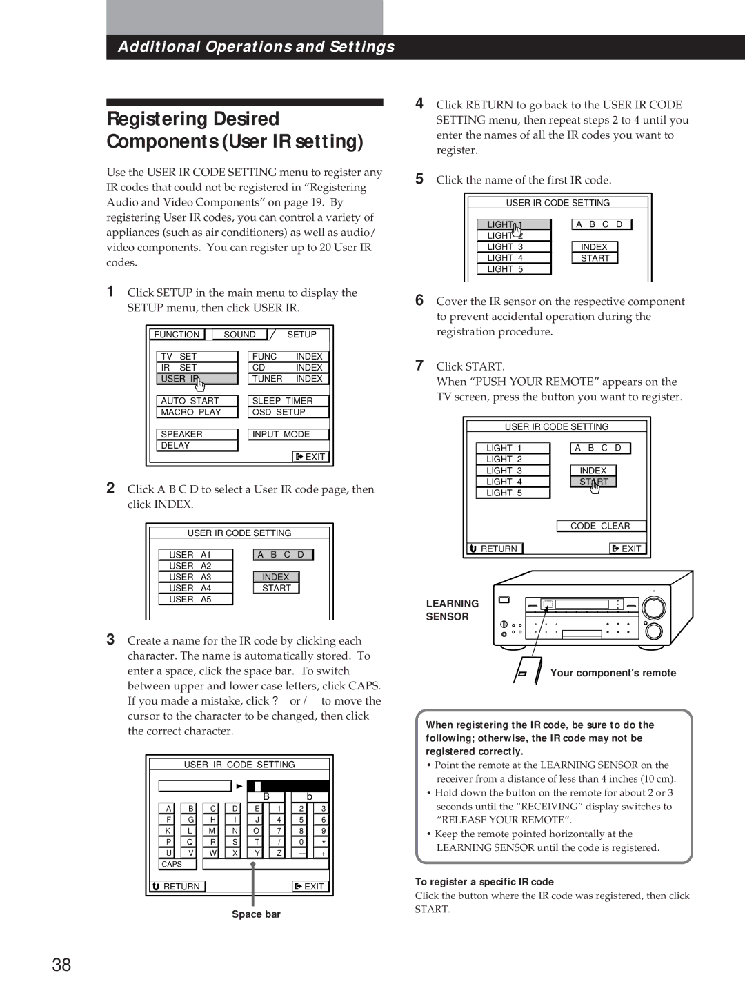 Sony STR-DA90ESG manual Registering Desired Components User IR setting, To register a specific IR code 