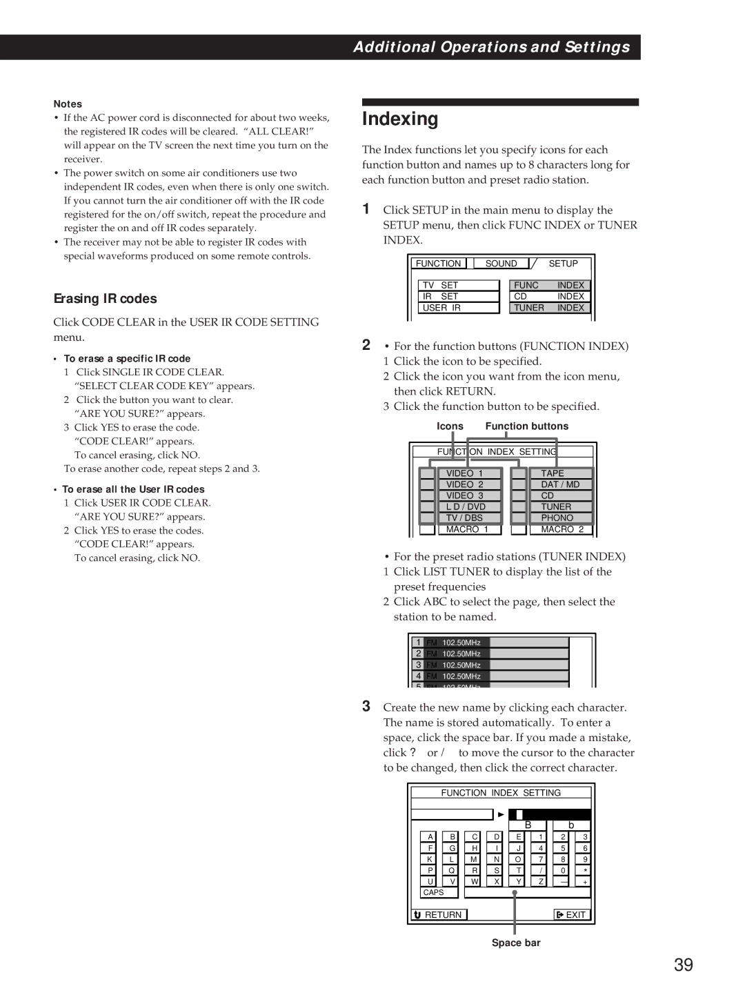 Sony STR-DA90ESG manual Indexing, Click Code Clear in the User IR Code Setting menu, To erase all the User IR codes 