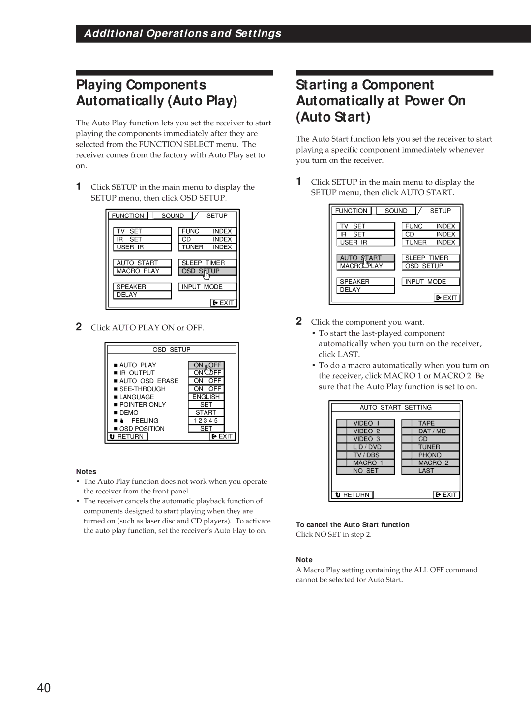 Sony STR-DA90ESG manual Starting a Component Automatically at Power On Auto Start, Click Auto Play on or OFF 