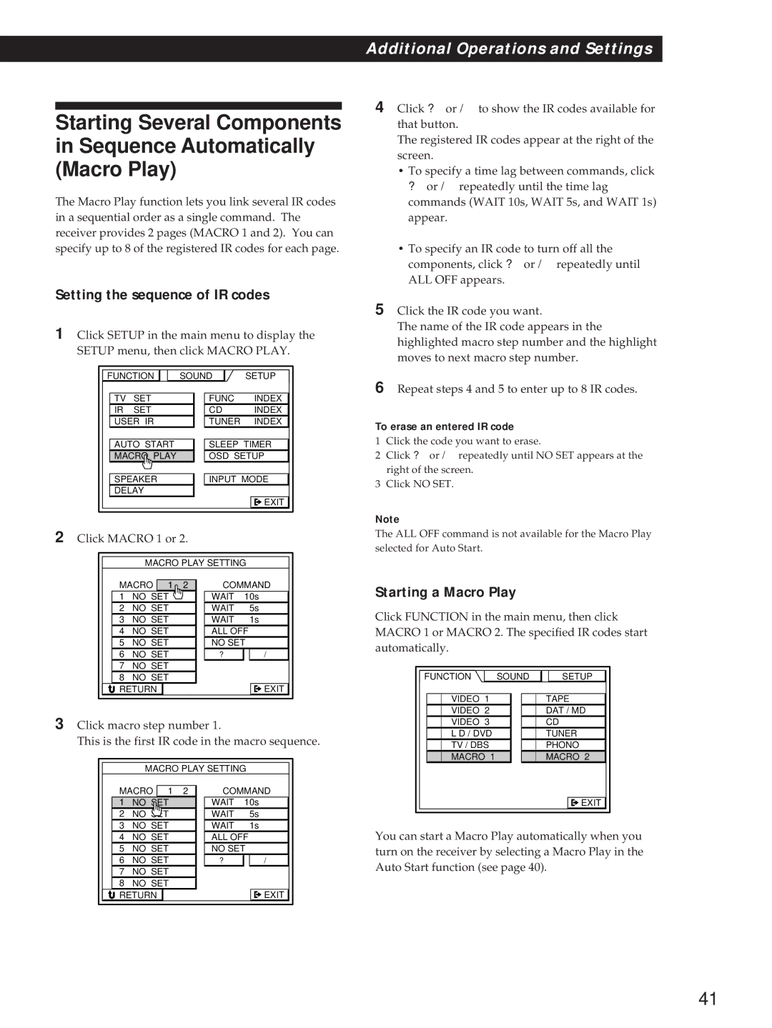 Sony STR-DA90ESG Setting the sequence of IR codes, Starting a Macro Play, Click Macro 1 or, To erase an entered IR code 