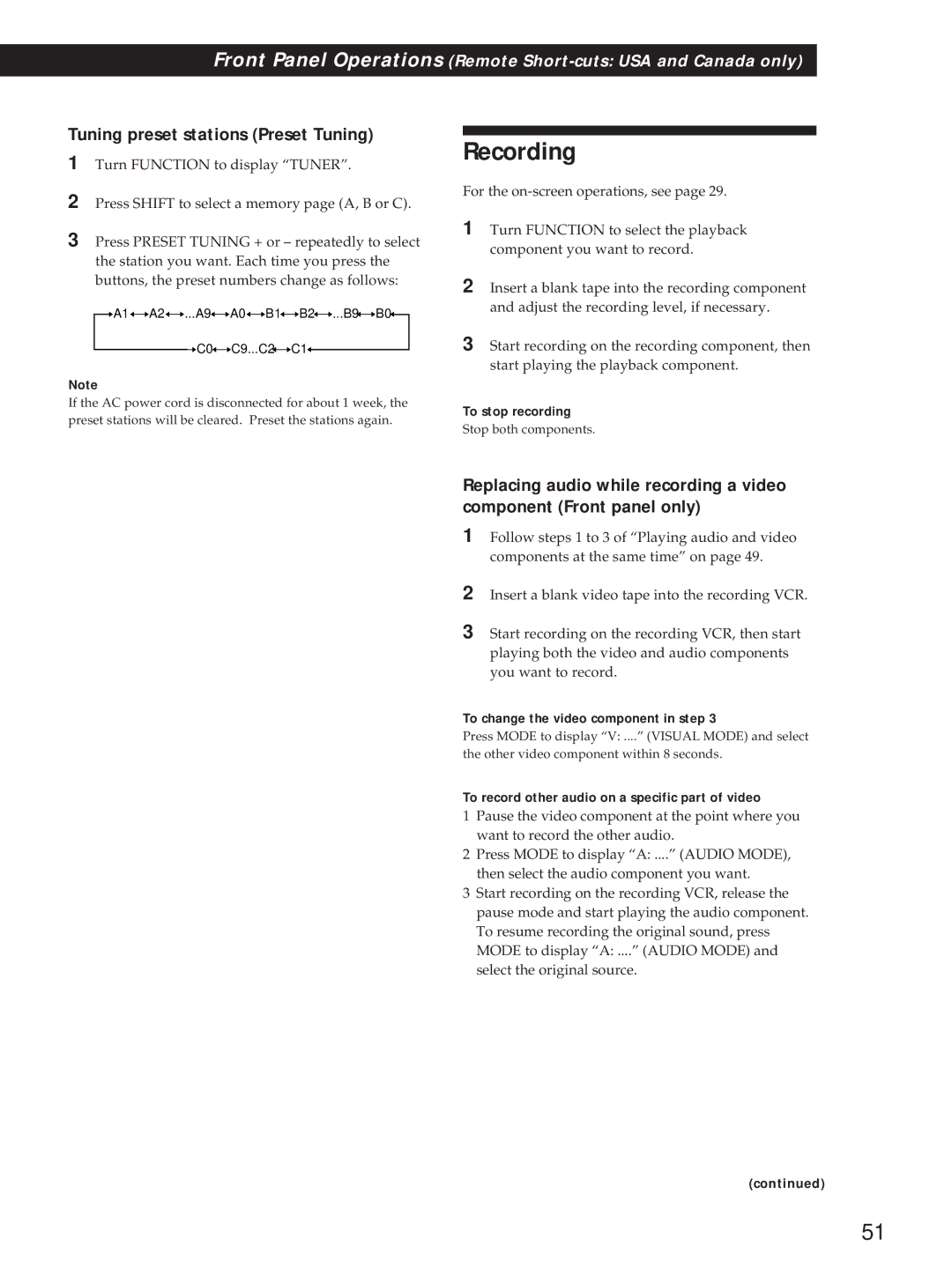 Sony STR-DA90ESG manual To change the video component in step, To record other audio on a specific part of video 