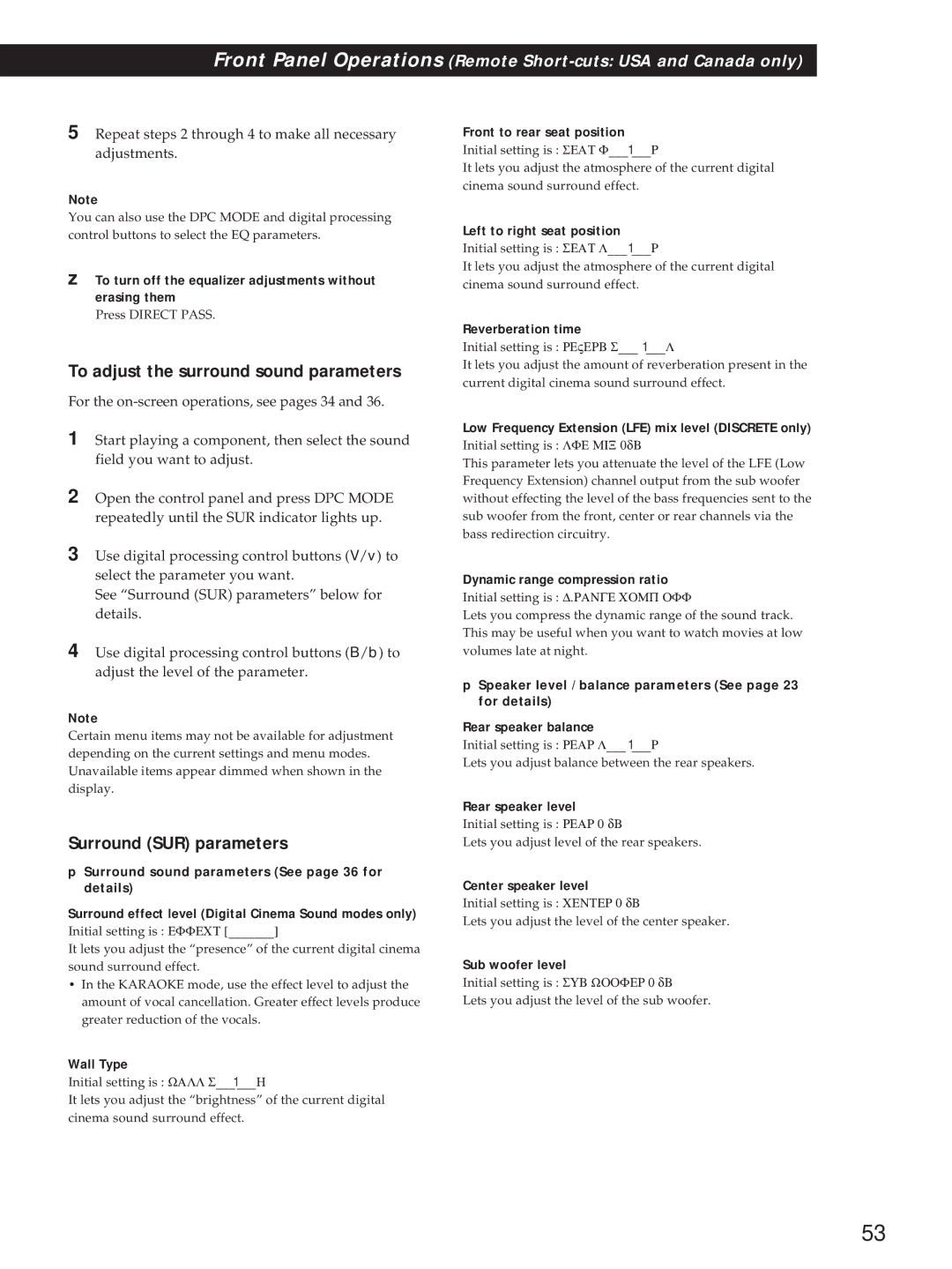 Sony STR-DA90ESG manual To adjust the surround sound parameters, Surround SUR parameters 