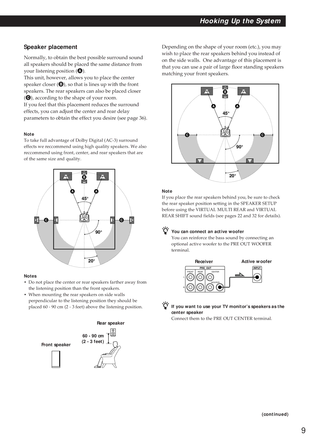 Sony STR-DA90ESG manual Speaker placement, You can connect an active woofer 