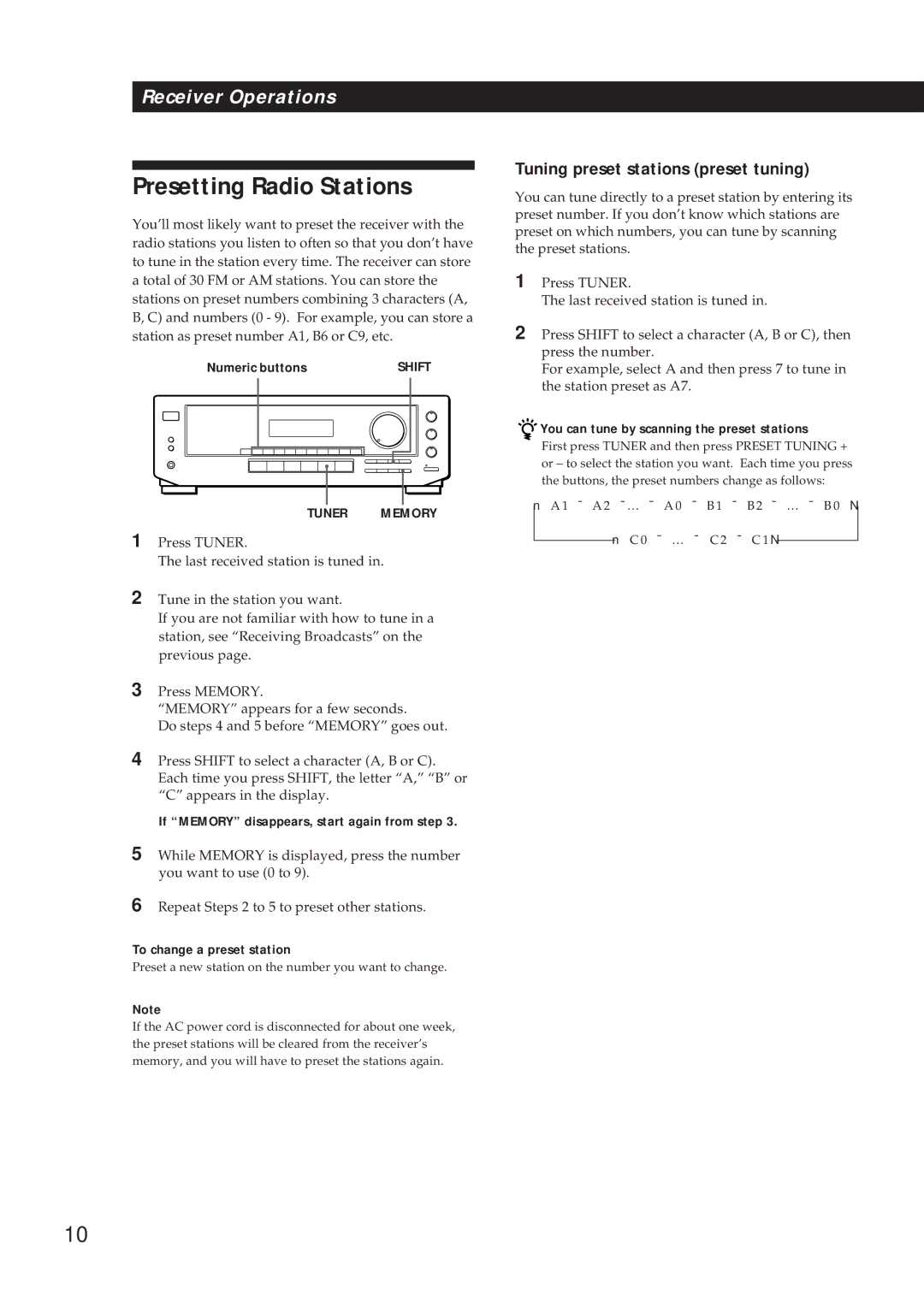 Sony STR-DE310 manual Presetting Radio Stations, Tuning preset stations preset tuning, To change a preset station 