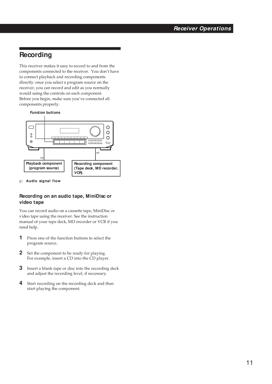 Sony STR-DE310 manual Recording on an audio tape, MiniDisc or video tape 