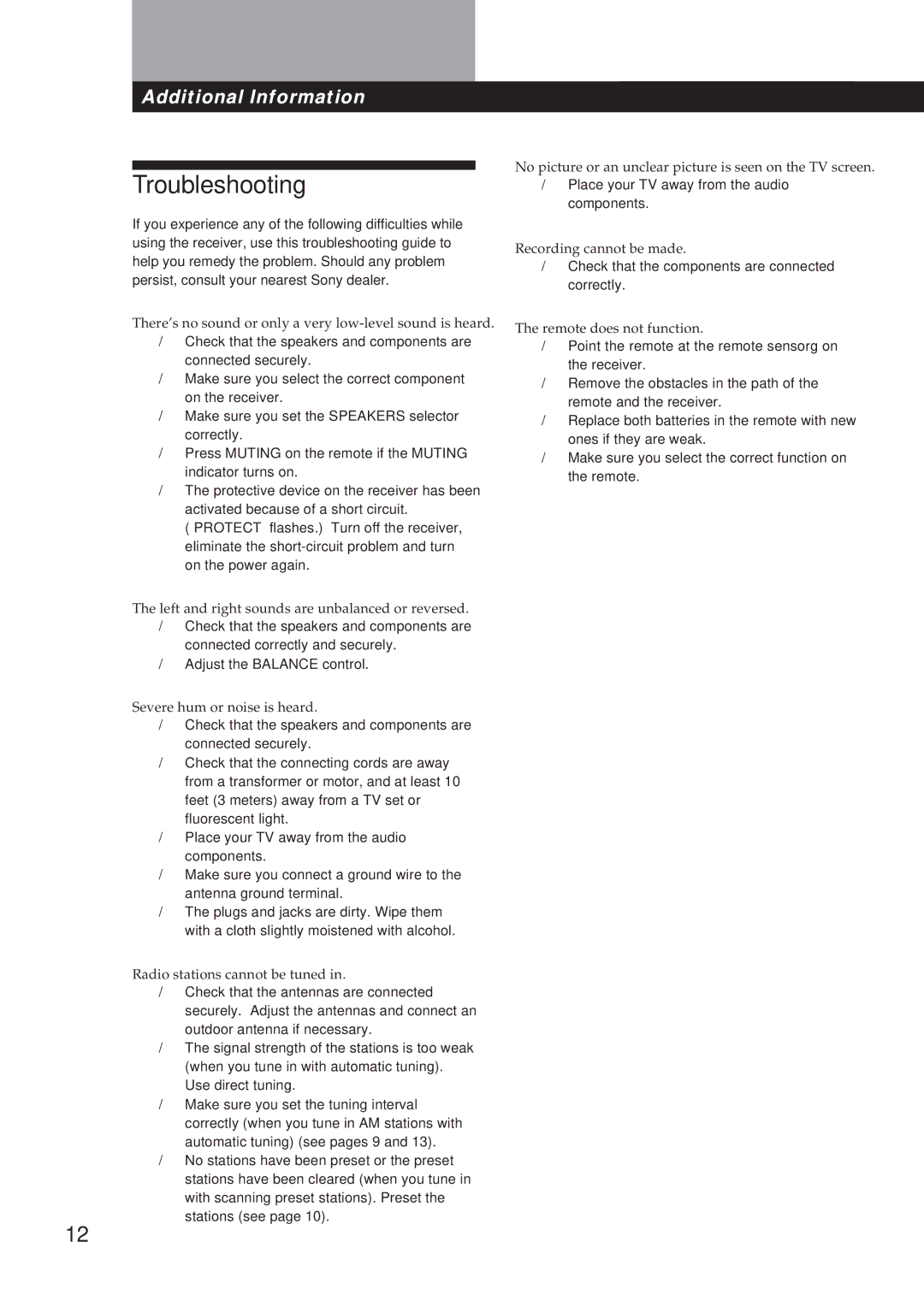 Sony STR-DE310 manual Troubleshooting 