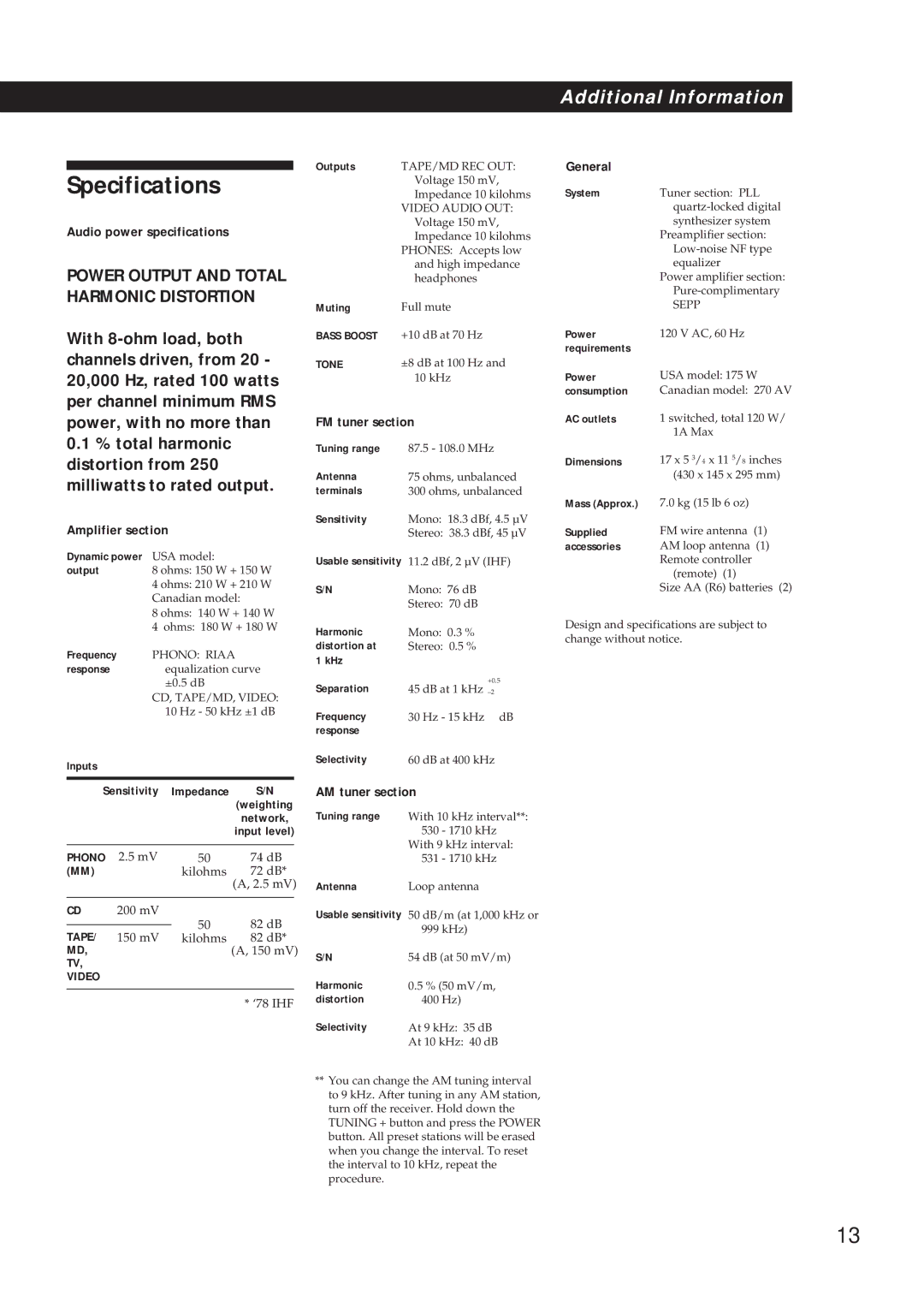 Sony STR-DE310 manual Specifications 